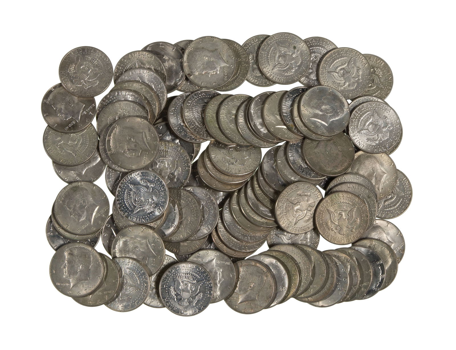 Kennedy Silver-clad 50c Assortment: Kennedy Silver-clad 50c Assortment $48.00 face value US 40% silver Property from: a Private Collector, Rockford, Ilinois Category: Half Dollars > Kennedy Half Dollar Estimated Sale Time: