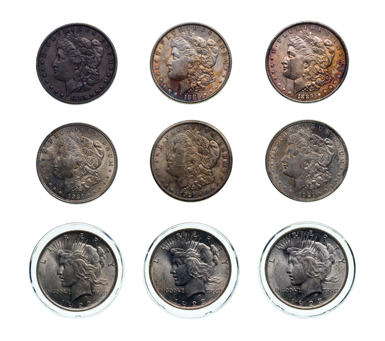 Morgan and Peace $1 Assortment: Morgan and Peace $1 Assortment Including (6) Morgan $1 and (3) Peace $1 Property from: a Private Collector, Addison, Illinois Category: Dollars > Morgan Dollar Estimated Sale Time: 2:44