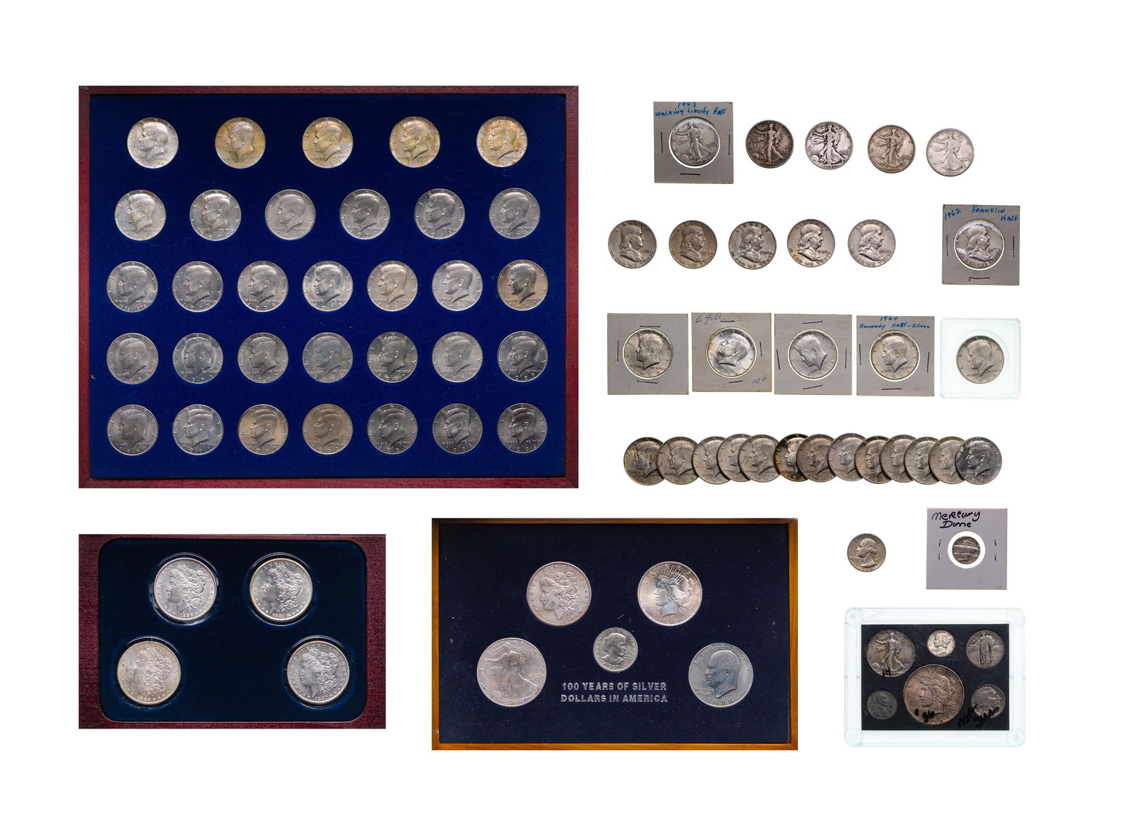 US Coin Assortment: US Coin Assortment $22.70 face US 90% silver including (6) Morgan $1, (2) Peace $1, (7) Walking Liberty 50c, (6) Franklin 50c, (18) 1964 Kennedy 50c, a Standing 25c, a Washington 25c and (2) Mercury 1