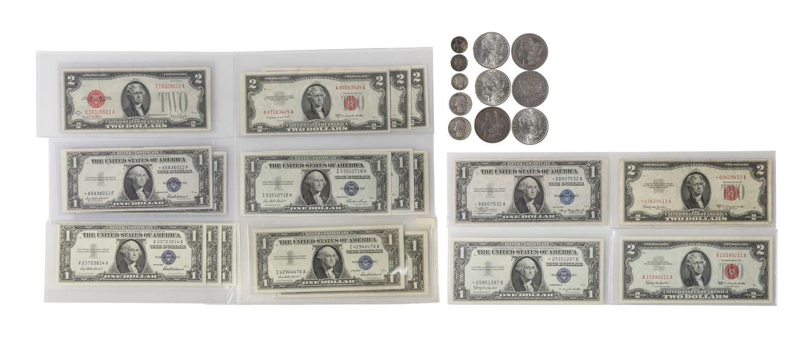 Silver Coin and Currency Assortment: Silver Coin and Currency Assortment $6.80 face value US 90% silver including (6) Morgan $1, (2) Washington 25c and (3) Mercury 10c, US currency including a $2 1928-G red seal, a $2 1953-C red seal sta