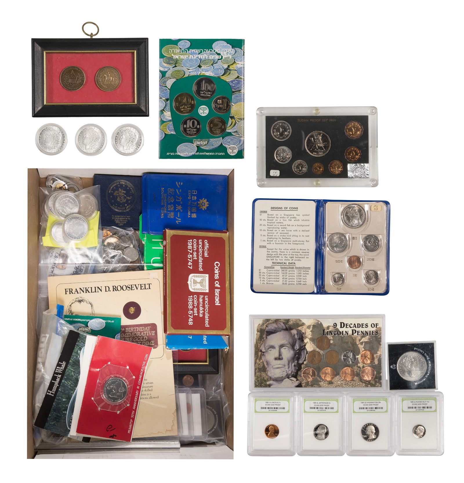US and World Coin Assortment: US and World Coin Assortment Including INB slabbed US coins, foreign coin sets, assorted world coins, commemoratives, tokens, (2) 0.999 silver postage stamps and a miniature Roosevelt 24k gold