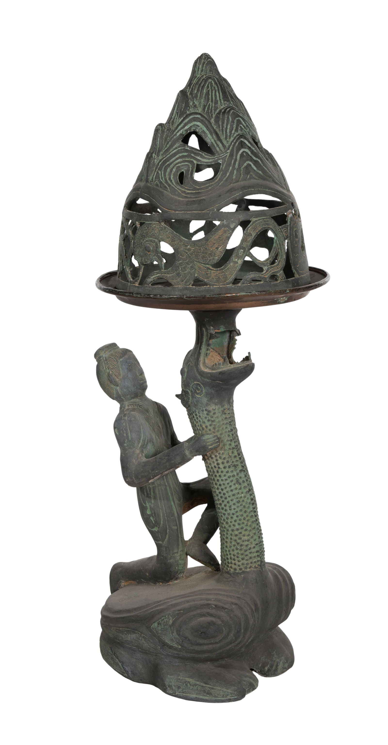 Chinese Han Style Bronze Hill Censer: Chinese Han Style Bronze Hill Censer Having a figural base depicting a kneeling figure clasping the neck of a phoenix supporting the mountain, open work cover having cast dragon, phoenix and tiger