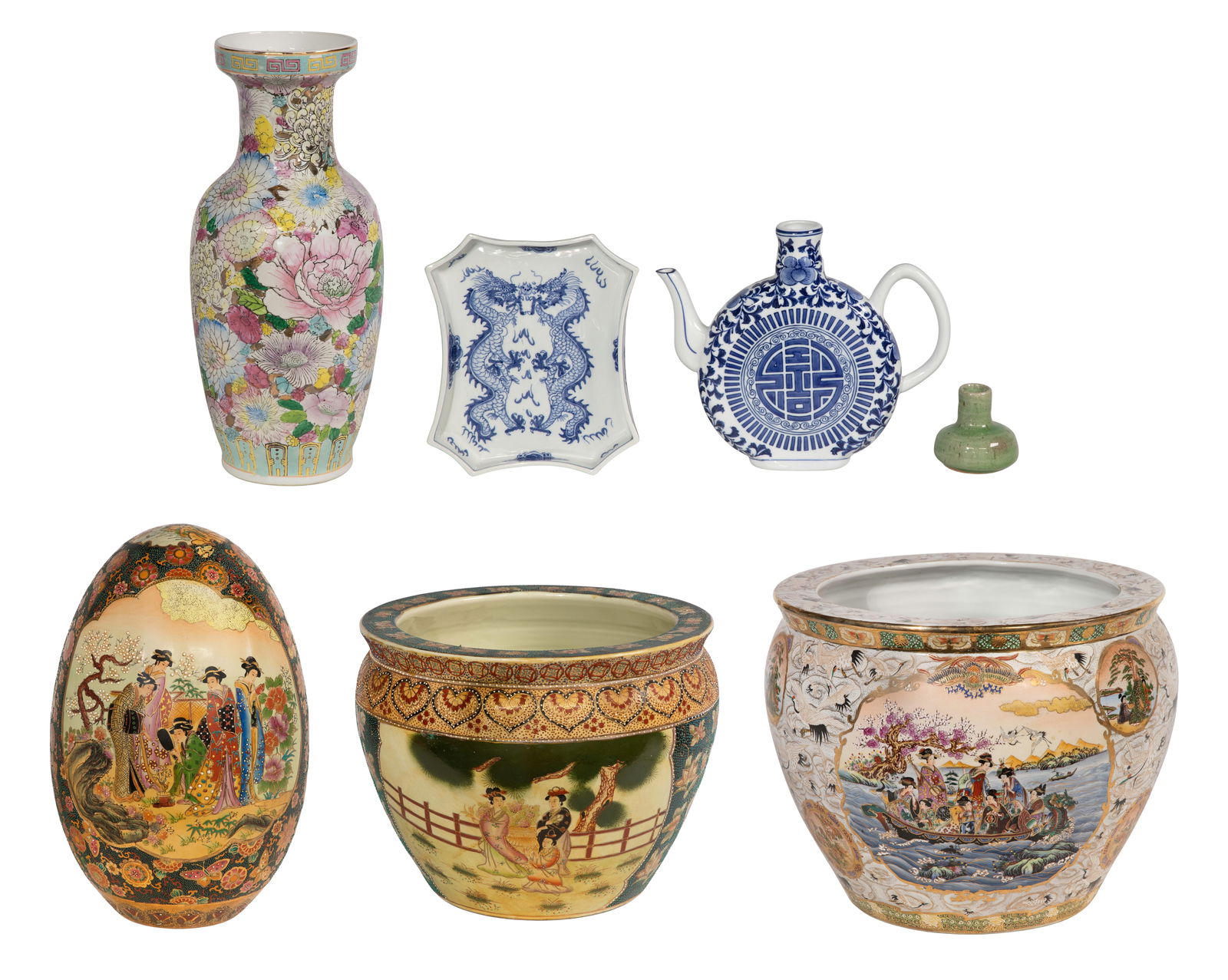Asian Porcelain Assortment: Asian Porcelain Assortment (7) items including (2) Japanese Satsuma fish bowls, a Chinese Satsuma style egg-form decorative object, an unmarked Chinese famille rose vase, a celadon bud vase and