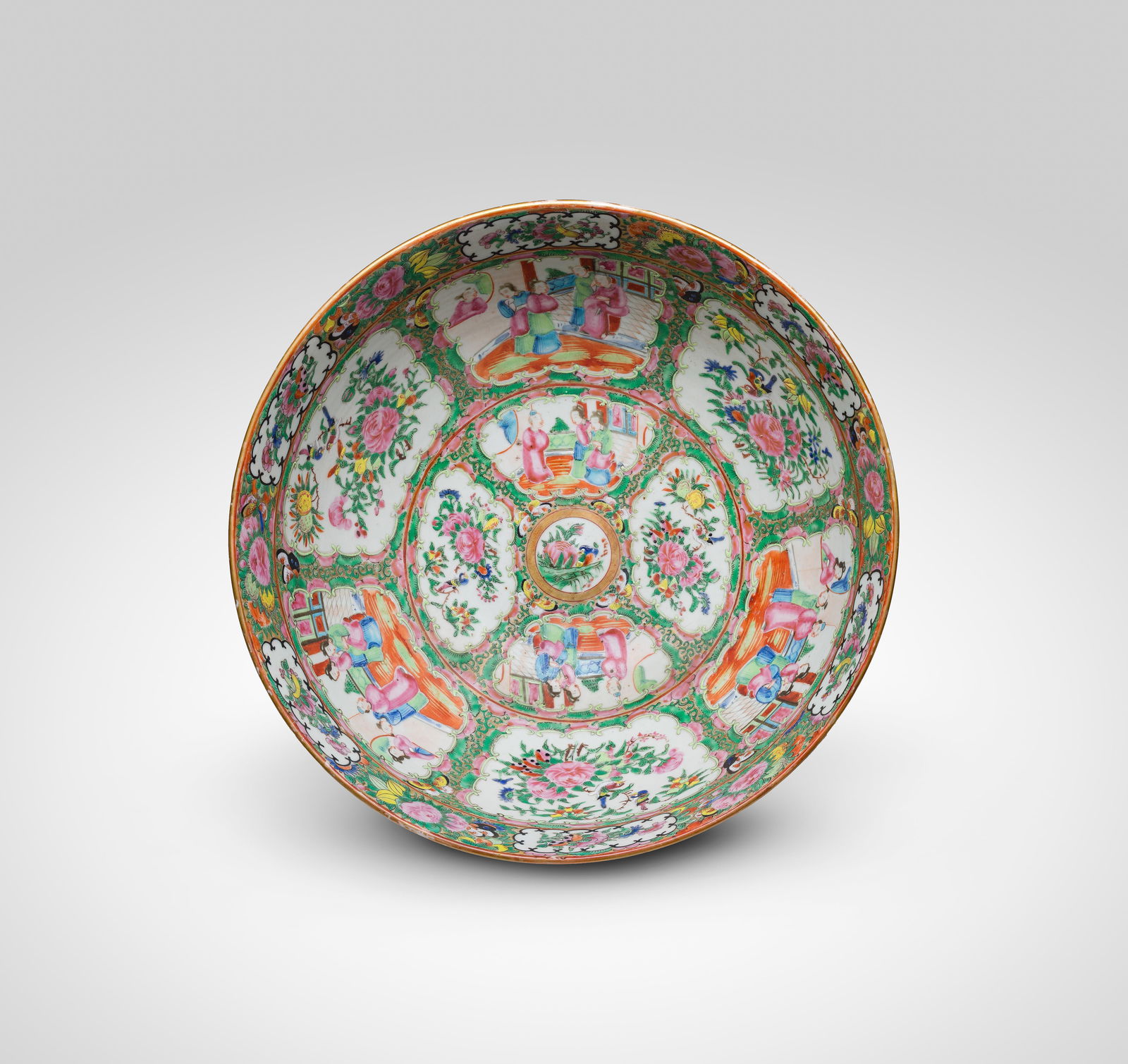Chinese Rose Medallion Porcelain Bowl: Chinese Rose Medallion Porcelain Bowl Having alternating panels of courtly figures, birds and peonies to interior and exterior, unmarked Property from: an Estate, Glen Ellyn, Illinois 