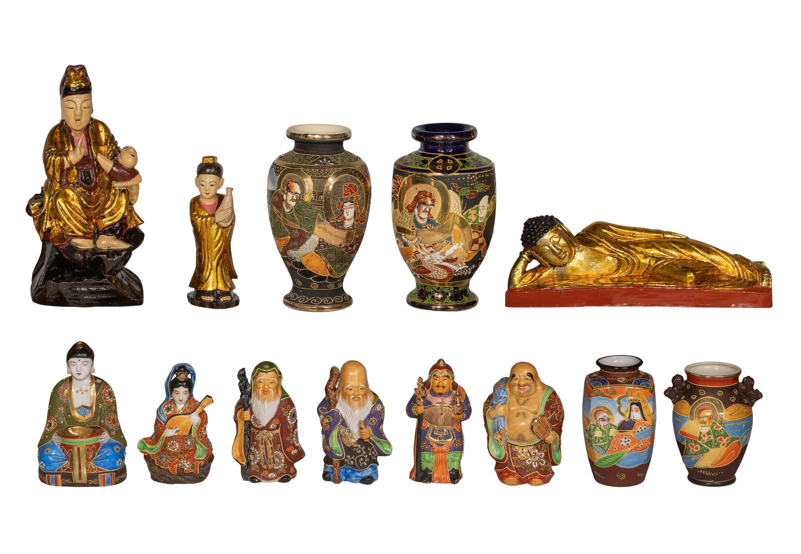 Asian Decorative Assortment: Asian Decorative Assortment (13) total items including figures and vases of various shapes, sizes and materials Property from: a Private Collector, Addison, Illinois Height: 12 inches,