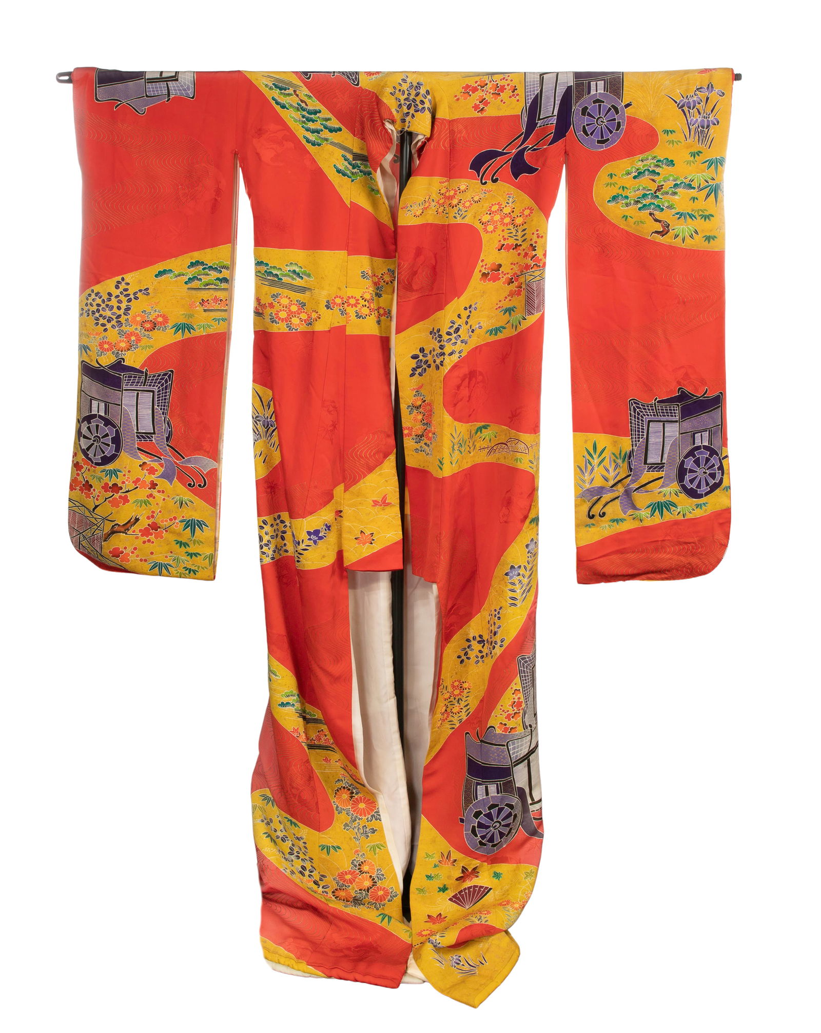 Japanese Uchikake Wedding Kimono: Japanese Uchikake Wedding Kimono A formal outer kimono typically worn by a bride, having hand-stitched multi-color silk brocade Property from: a Private Collector, Rockford, Ilinois Height: