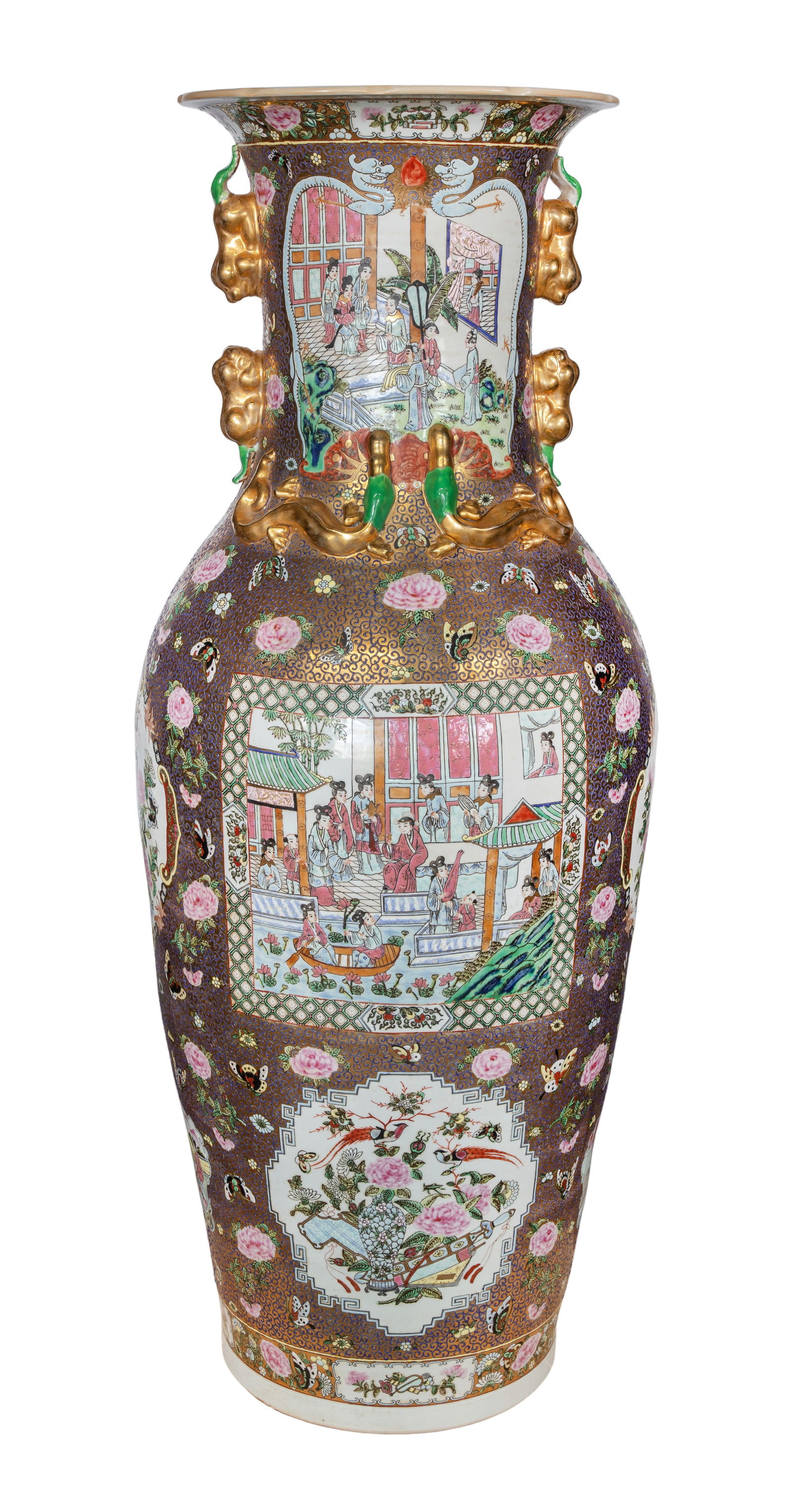 Chinese Famille Rose Floor Vase: Chinese Famille Rose Floor Vase Having enameled decoration overall, including pictorial cartouches on white ground surrounded by a scroll-covered gilt ground having rose, butterfly and auspicious