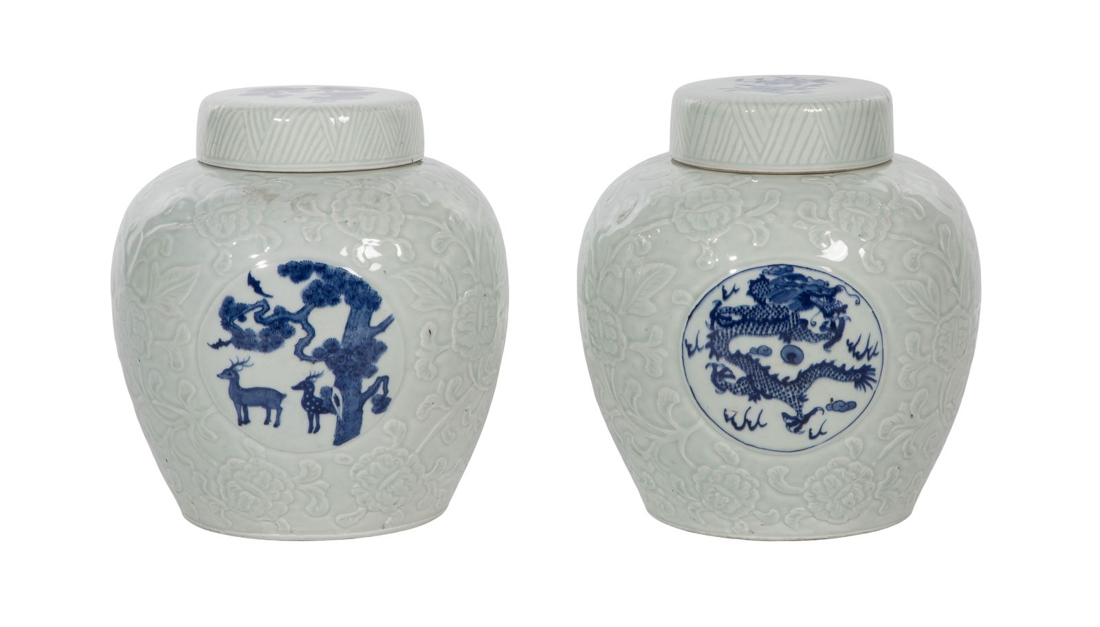 Chinese Porcelain Ginger Jars: Chinese Porcelain Ginger Jars A similar pair of white lidded jars having an embossed foliate ground and cobalt underglaze depicting birds and flowers Property from: a Private Collector,
