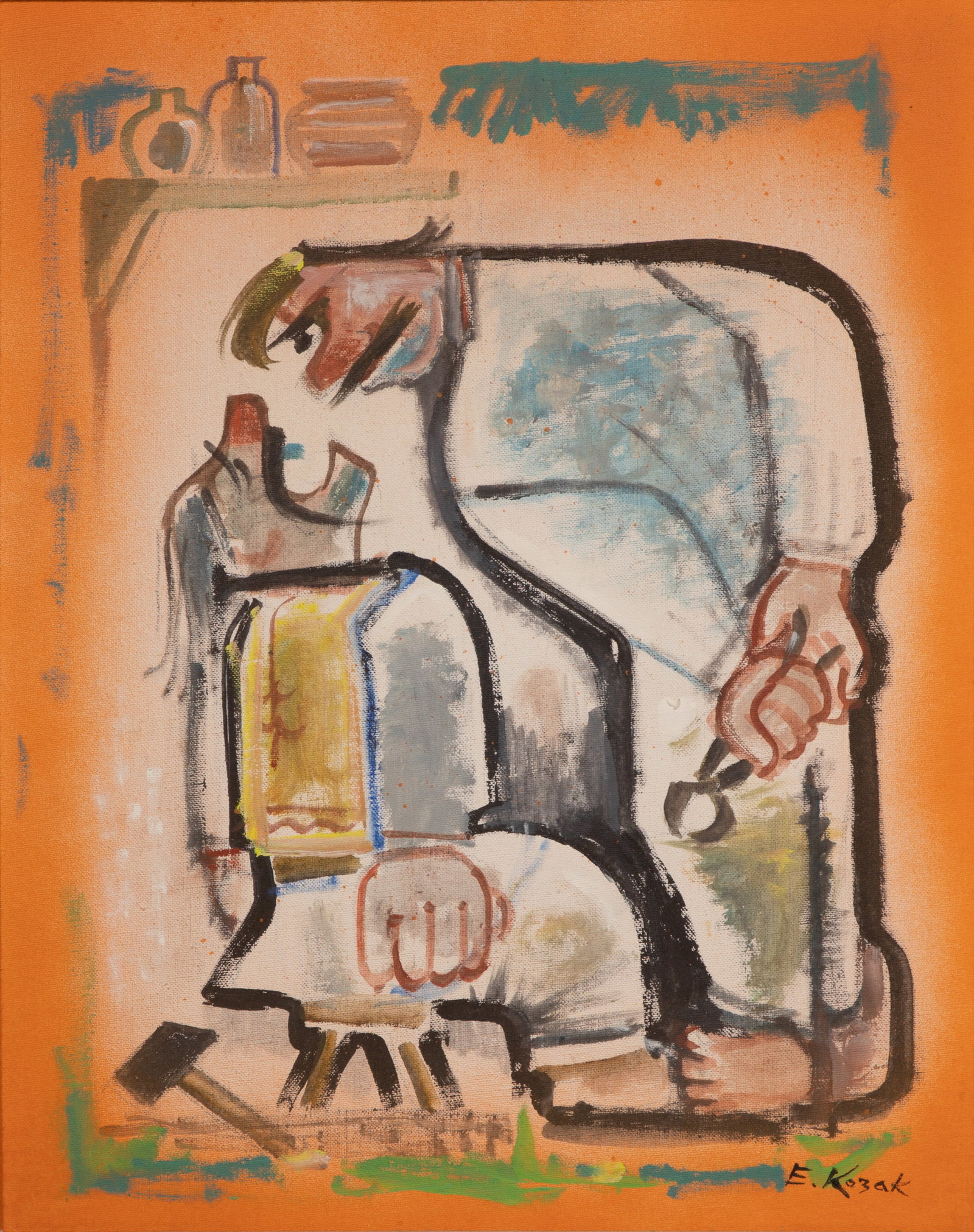 Edward Kozak (Ukrainian, 20th Century) Mixed Media on Canvas Board: Edward Kozak (Ukrainian, 20th Century) Mixed Media on Canvas Board Undated, signed, depicting a dentist and patient, matted in a wood frame Property from: a Private Collector, Toronto, Ontario Height: