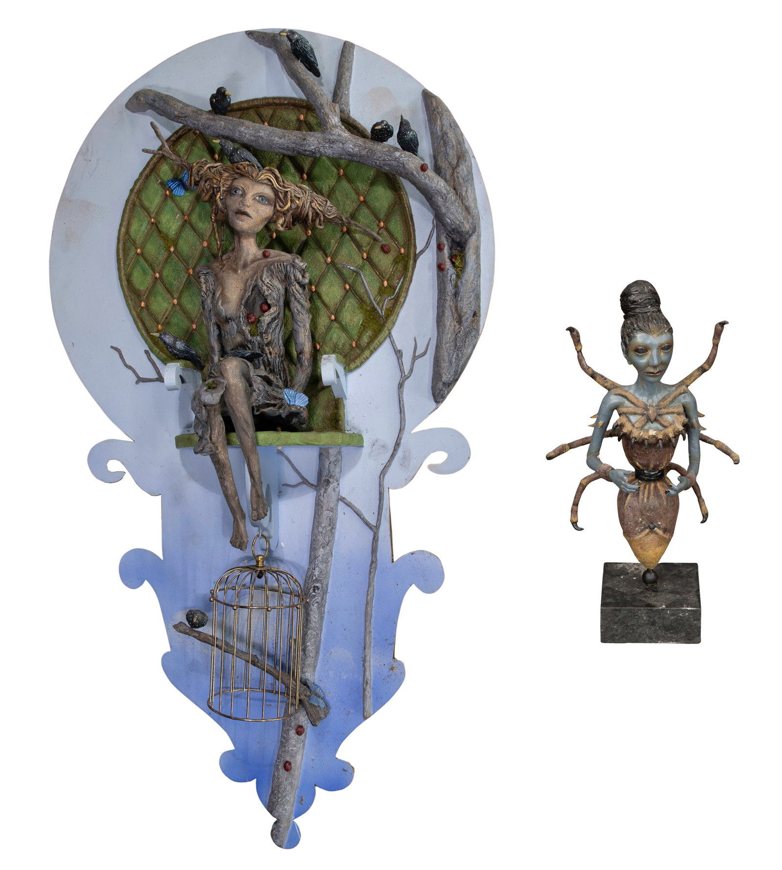 Nikole Cooney (American, 20th Century) Sculptures: Nikole Cooney (American, 20th Century) Sculptures (2) undated, signed works, depicting a figure seated in a tree and an arachnid woman on a stone base Property from: an Estate, Peoria, Illinois Height