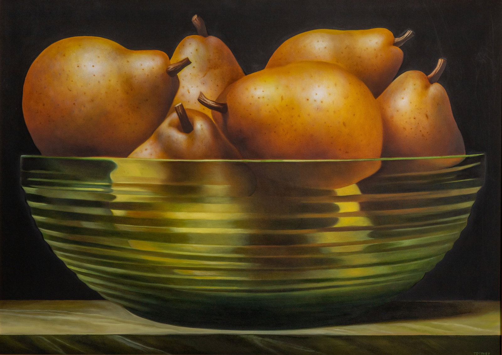 James Tormey (American, 1938-2017) 'Myriad Reflections' Oil on Canvas: James Tormey (American, 1938-2017) 'Myriad Reflections' Oil on Canvas Undated, signed, titled verso on stretcher, a still life of pears in a green glass bowl, in a gold-tone wood frame Property from: