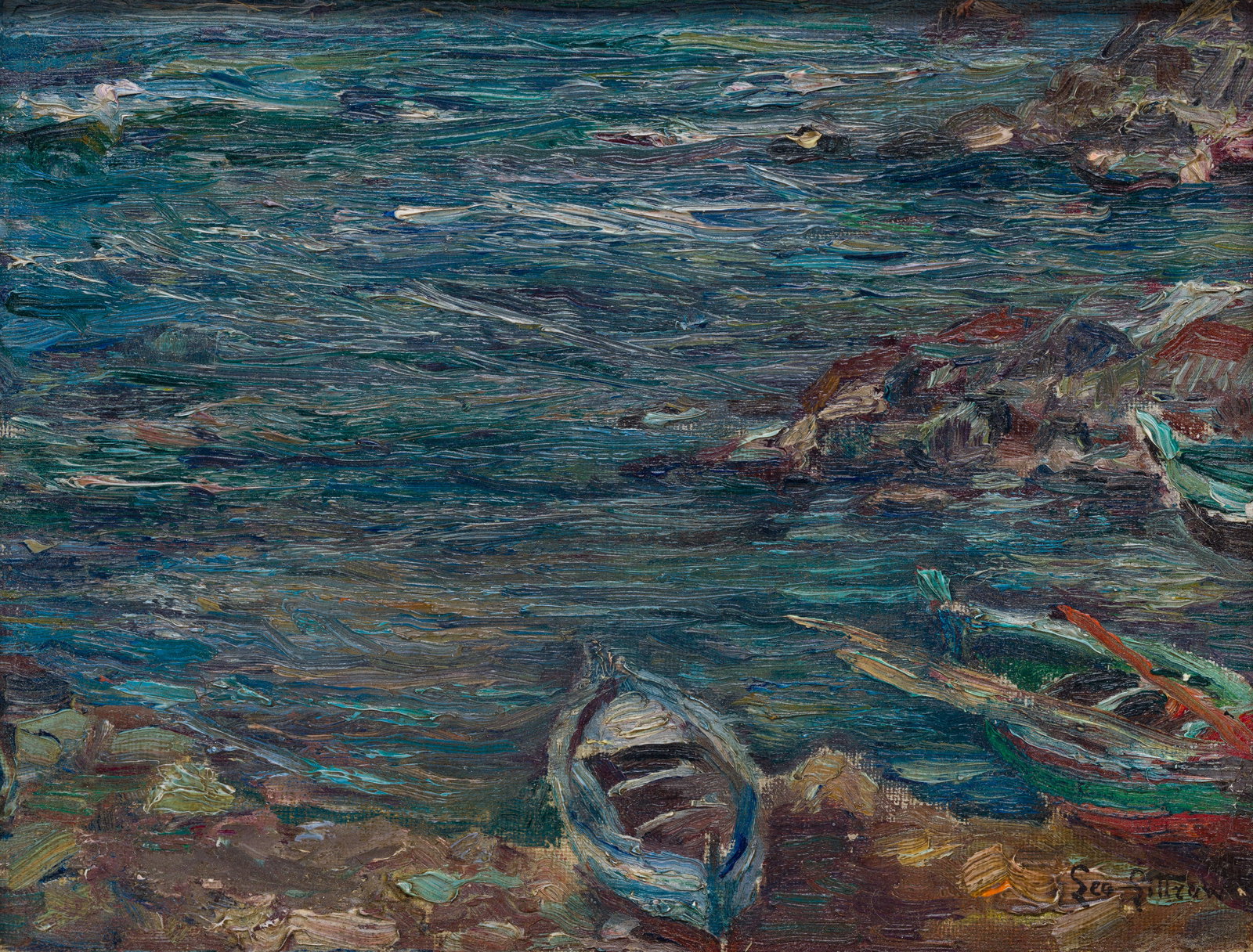 Leontine (Lea) von Littrow (Austrian, 1860-1914) Oil on Board: Leontine (Lea) von Littrow (Austrian, 1860-1914) Oil on Board Undated, signed lower right, depicting a rocky seashore and boats, in a wood frame Property from: a Private Collector, Chicago (Edgewater)