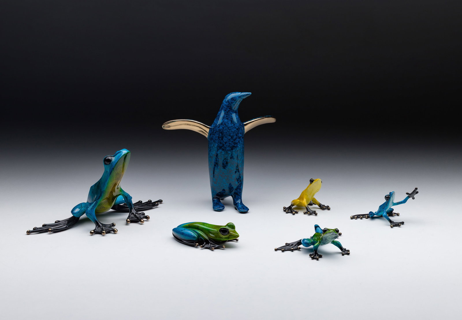 Tim Cotterill (British, b.1950) Bronze Sculpture Assortment: Tim Cotterill (British, b.1950) Bronze Sculpture Assortment (6) total items, all signed underside, having enamel decoration including (5) frogs having cast 'Frogman' underside; together with a