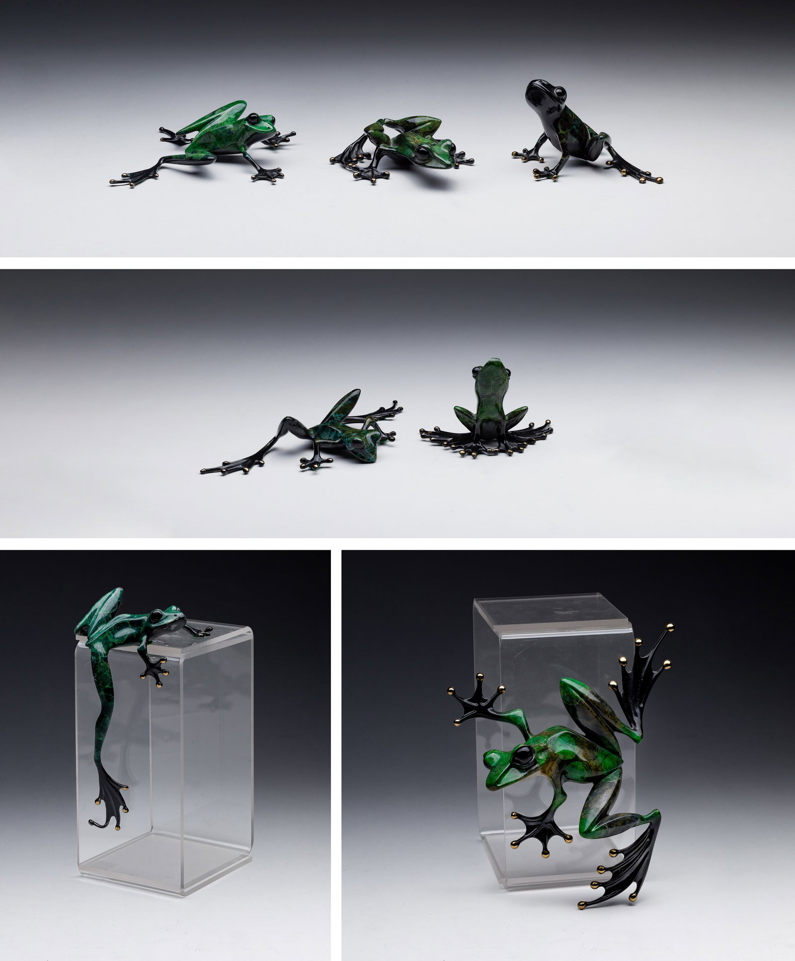 Tim Cotterill (British, b.1950) Bronze Frog Sculptures: Tim Cotterill (British, b.1950) Bronze Frog Sculptures (7) enameled frogs in various sizes, poses and similar shades of green, all signed underside, some having cast 'Frogman' mark, the largest having