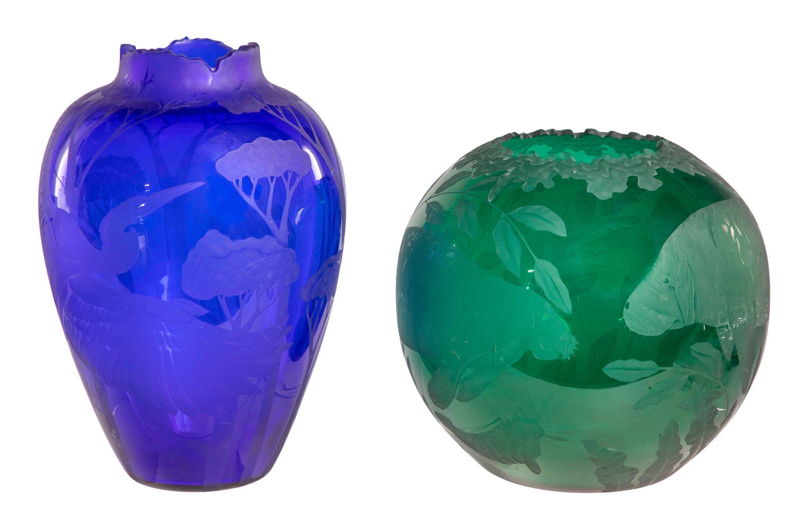 Cynthia Myers (American, 20th Century) Art Glass Vases: Cynthia Myers (American, 20th Century) Art Glass Vases (2) items having engraved signatures underside, sandblasted decoration and shaped rims including a green having manatees amid seaweed dated '99'
