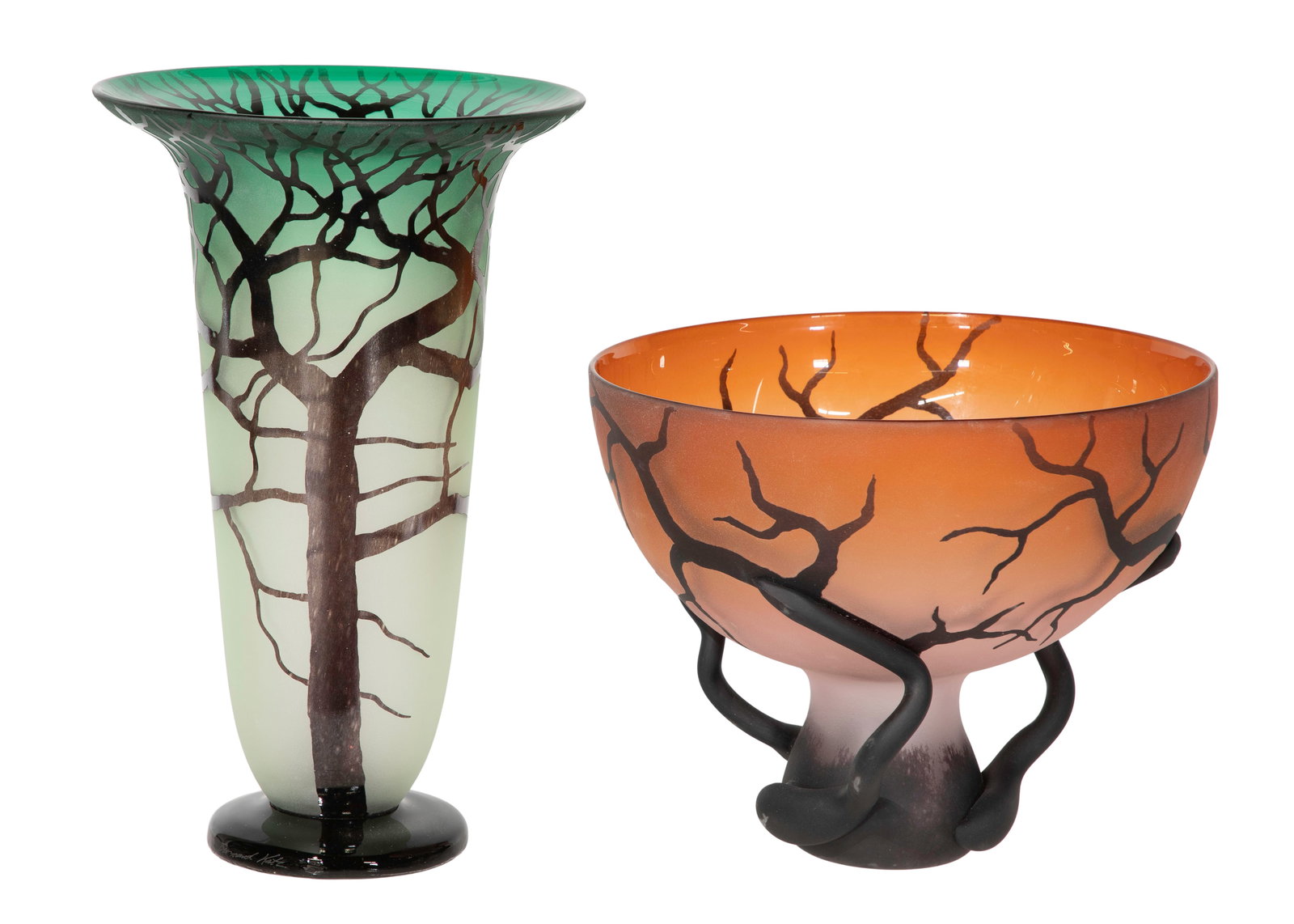 Bernard Katz (American, 20th Century) Art Glass Vases: Bernard Katz (American, 20th Century) Art Glass Vases (2) items from the 'Tree and Root Series' having a dark cased outer layer sandblasted / etched to reveal the inner color, including a 'Chalice Roo