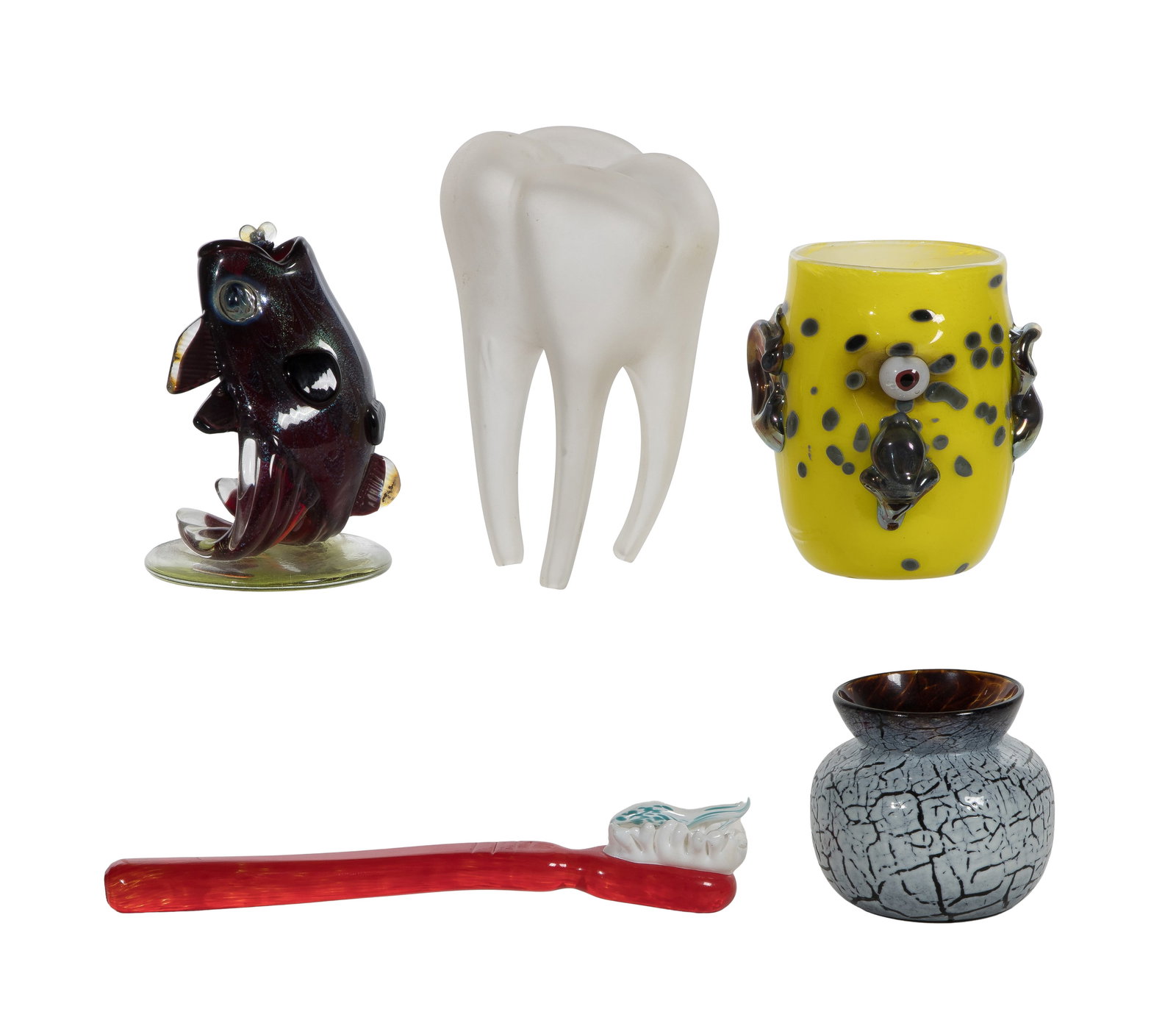 Misty Long-Donoho (American, 20th Century) Art Glass Assortment: Misty Long-Donoho (American, 20th Century) Art Glass Assortment (5) items including a depiction of a paste-laden toothbrush having engraved 'Misty Long 14' underside, (2) unsigned vases retaining labe