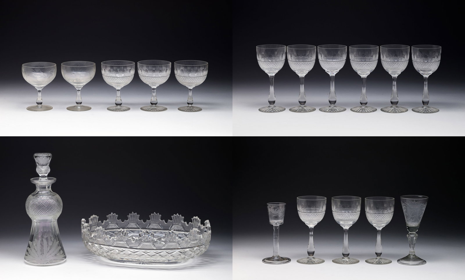 Crystal Assortment: Crystal Assortment (18) total items, mostly unmarked, including a Waterford Kennedy bowl, a decanter in the Edinburgh Crystal Thistle pattern, (3) champagne coupes and (9) wine glasses in the Edinburg