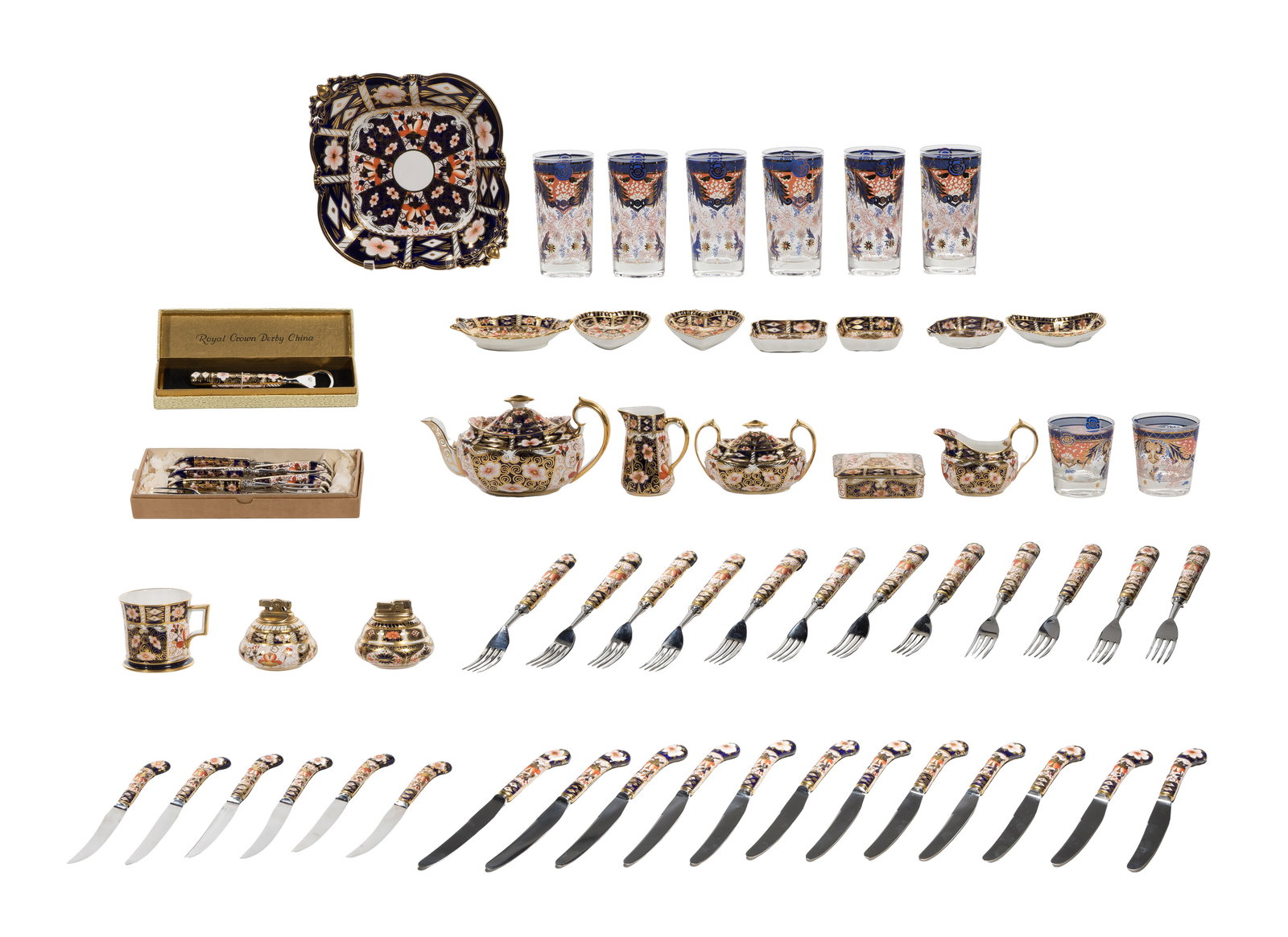Royal Crown Derby Imari China Serving Assortment: Royal Crown Derby Imari China Serving Assortment Including (12) pistol grip 8.75-inch dinner knives, (12) 7.625-inch dinner forks, (6) fruit knives, (6) fruit forks, a bottle opener, (6) tumblers,