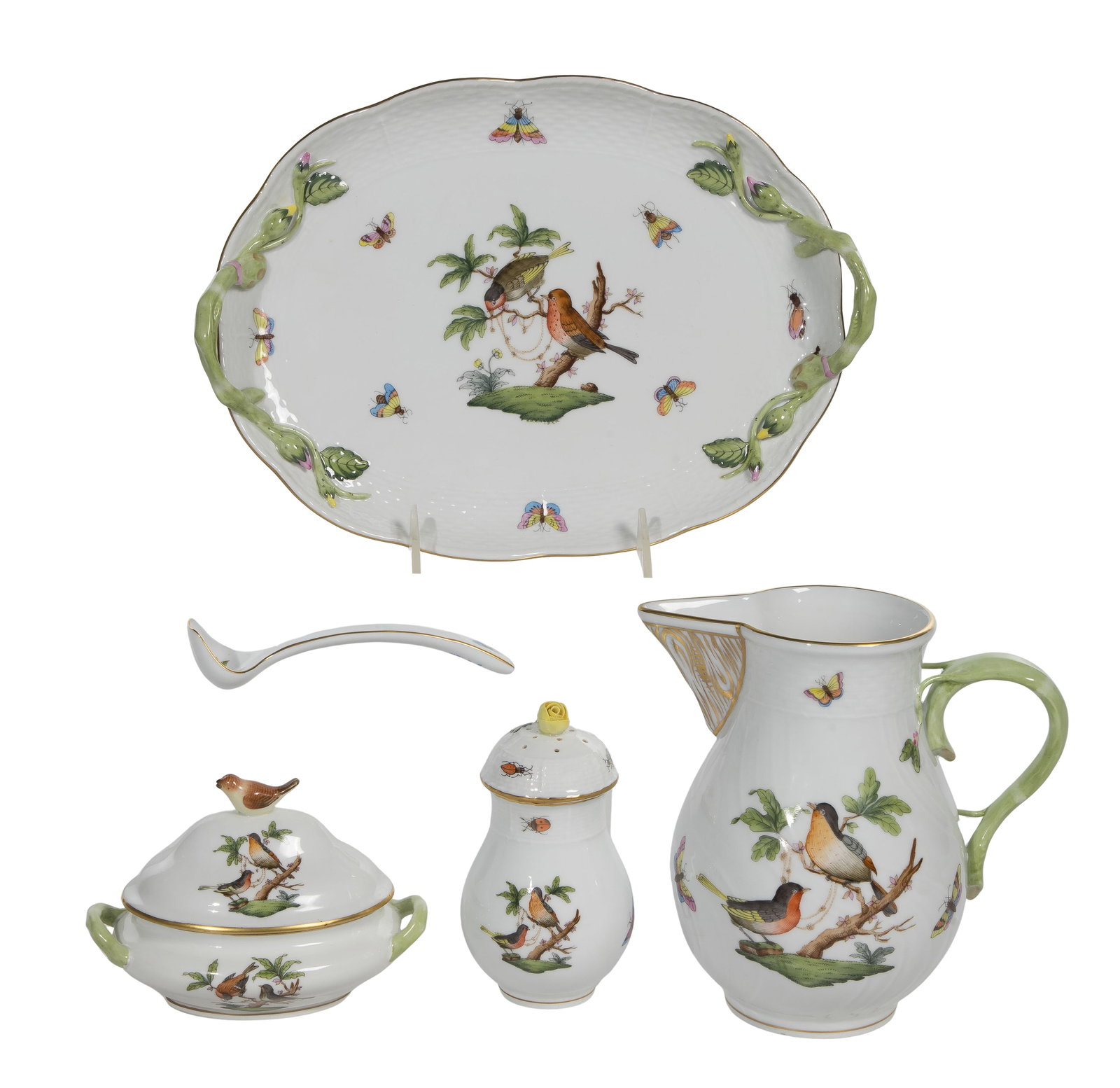 Herend Rothschild Bird Porcelain Assortment: Herend Rothschild Bird Porcelain Assortment (5) items including a #239 mustard spoon, a #259 muffineer sugar shaker, a #412 cake plate, a #1632 milk pitcher and a #6017 miniature tureen, all