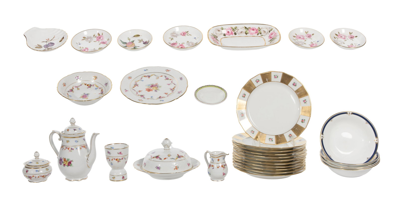 Porcelain Assortment: Porcelain Assortment (30) items including a teapot, a creamer, a covered sugar, an egg cup, a covered bowl, a bowl and an 8-inch plate marked 'Schumann / Arzberg / Germany' to undersides, a butter