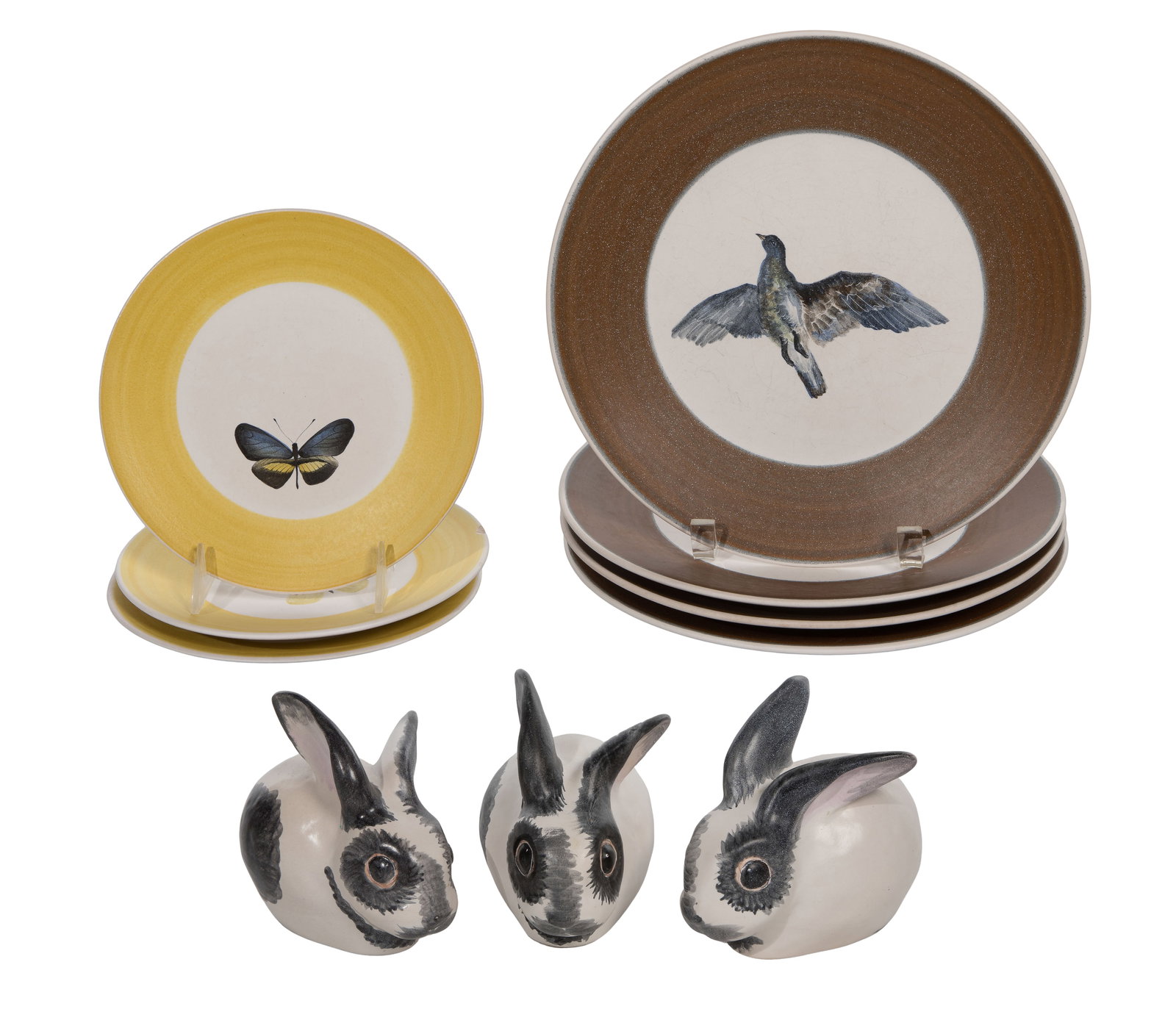 Marcel Guillot Ceramic Plate and Rabbit Assortment: Marcel Guillot Ceramic Plate and Rabbit Assortment (10) items including (4) dinner plates, (3) bread plates and (3) rabbits, all artist signed to the underside Property from: an Estate, Chicago
