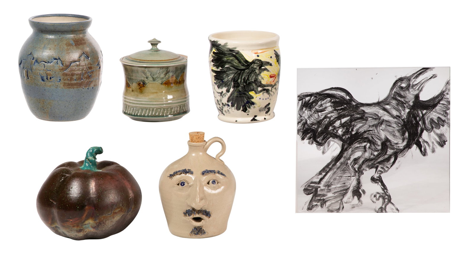 American Studio Pottery Assortment: American Studio Pottery Assortment (6) total items of various forms having various glazes including a face jug and a jar having incised horse motif initialed 'KD' for Karen Donleavy Designs Inc.,