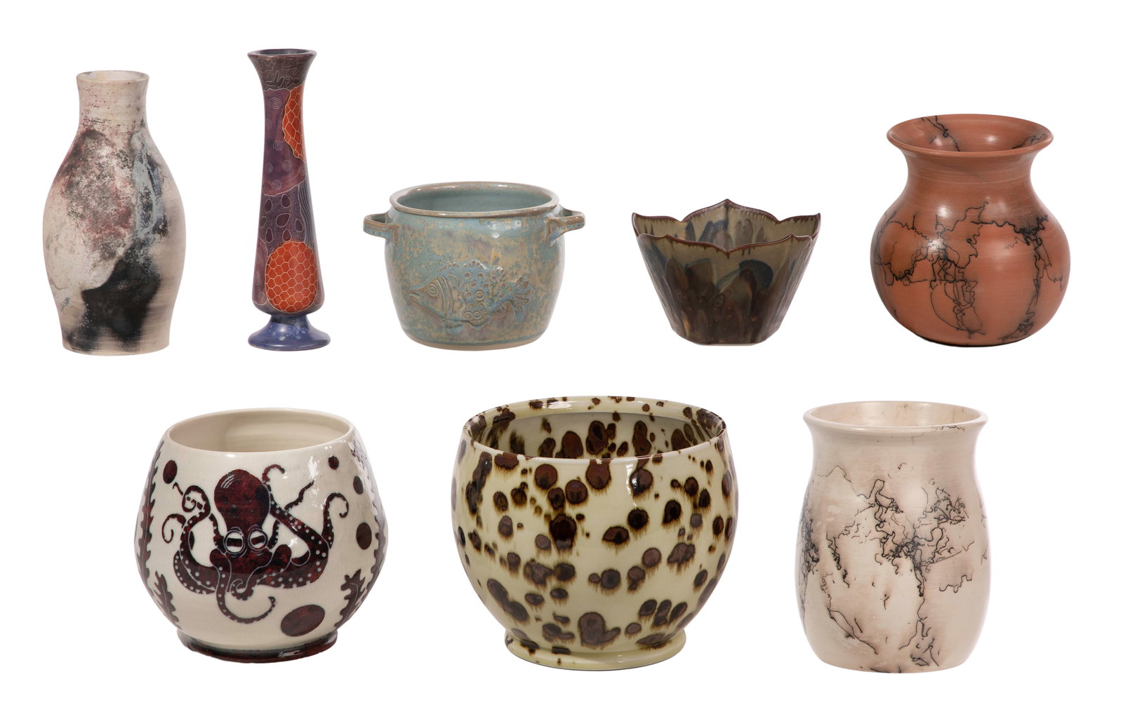 American Studio Pottery Assortment: American Studio Pottery Assortment (8) items including a globular having sgraffito marine life motif signed 'Cyndie Merrill / Peoria. Il' and (3) raku having burnt thread decoration, most