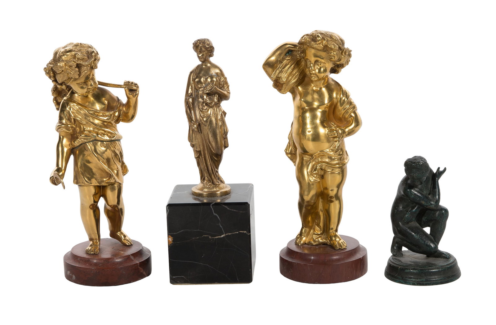 Bronze Sculpture Assortment: Bronze Sculpture Assortment (4) items including (2) gilt bronze depictions of putti at harvest, one carrying wheat and the other grapes, on similar stone stands, a gilt robed woman holding a