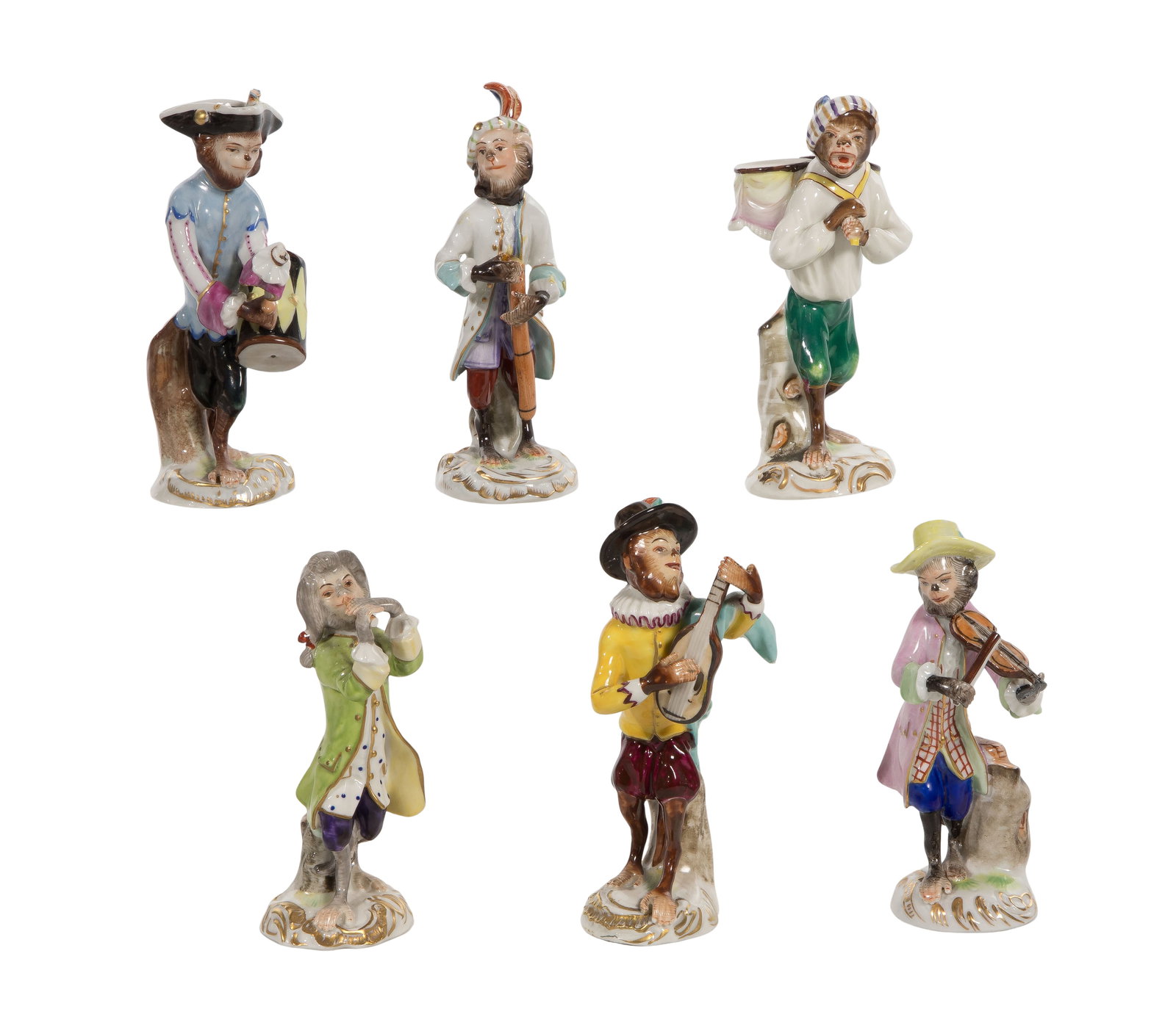 Dresden Volkstedt Porcelain Monkey Band Figurines: Dresden Volkstedt Porcelain Monkey Band Figurines (6) items, all having underglaze blue Volkstedt mark underside, depicting anthropomorphized monkey musicians Property from: an Estate, River