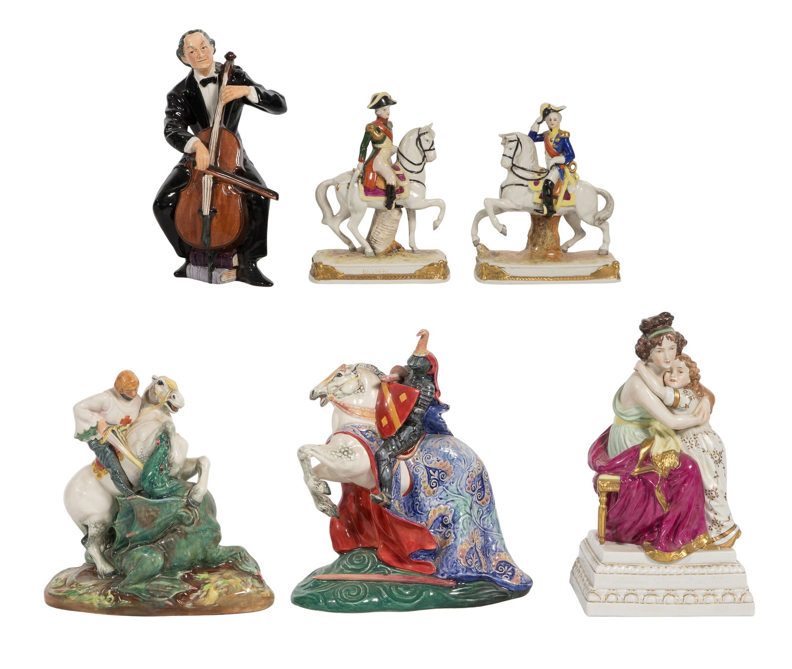 Porcelain Figurine Assortment: Porcelain Figurine Assortment (6) items comprising (3) Royal Doulton including (2) mounted knights and a cellist, a Scheibe-Alsbach mother and daughter and (2) mounted military figures having