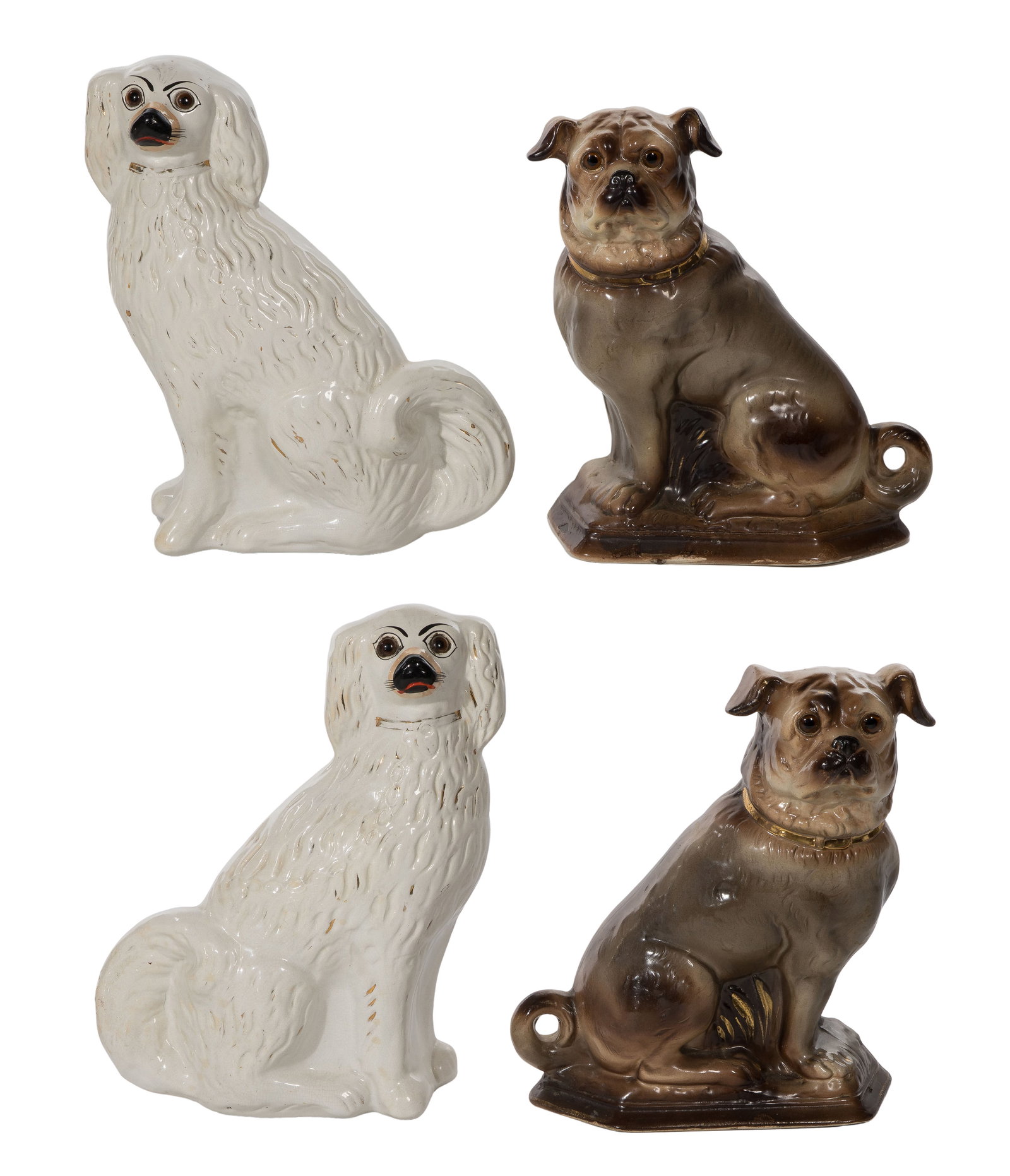 Staffordshire Style Dog Assortment: Staffordshire Style Dog Assortment (4) items including a pair of spaniels and a pair of pugs, both mantle size, pugs having marks on underside Property from: a Private Collector, Peoria,