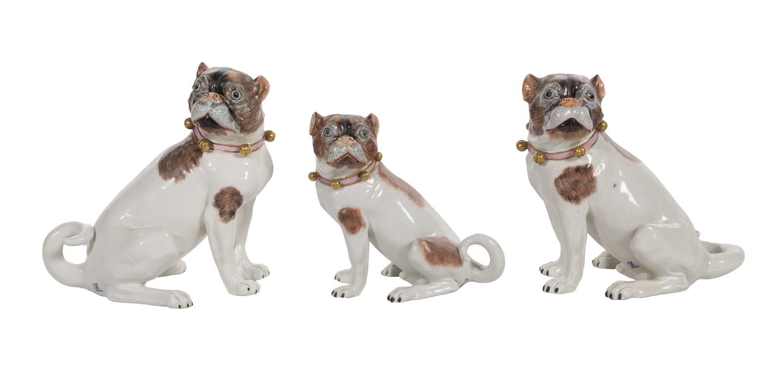 Carl Thieme Dresden Porcelain Pug Figurine Assortment: Carl Thieme Dresden Porcelain Pug Figurine Assortment (3) items including a large female and (2) males, each having a blue maker mark and 'Dresden' Property from: a Private Collector, Evanston,