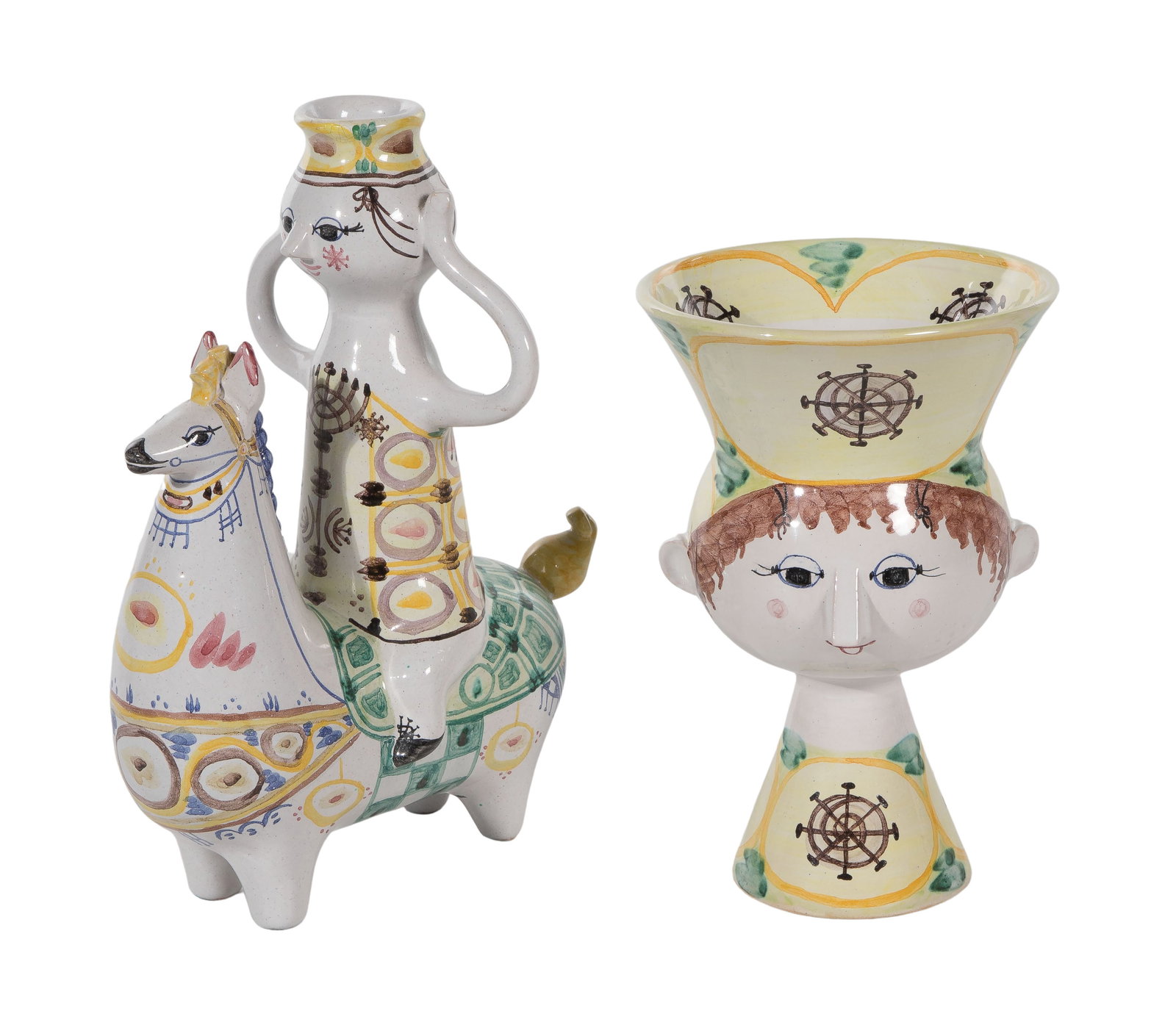 Bjorn Wiinblad (Danish, 1918-2006) Pottery Assortment: Bjorn Wiinblad (Danish, 1918-2006) Pottery Assortment (2) items including a 1983 figural vase having flower frog and a 1970 horse and rider vase, both having 'BW' monogram, abbreviated date and 'Danma