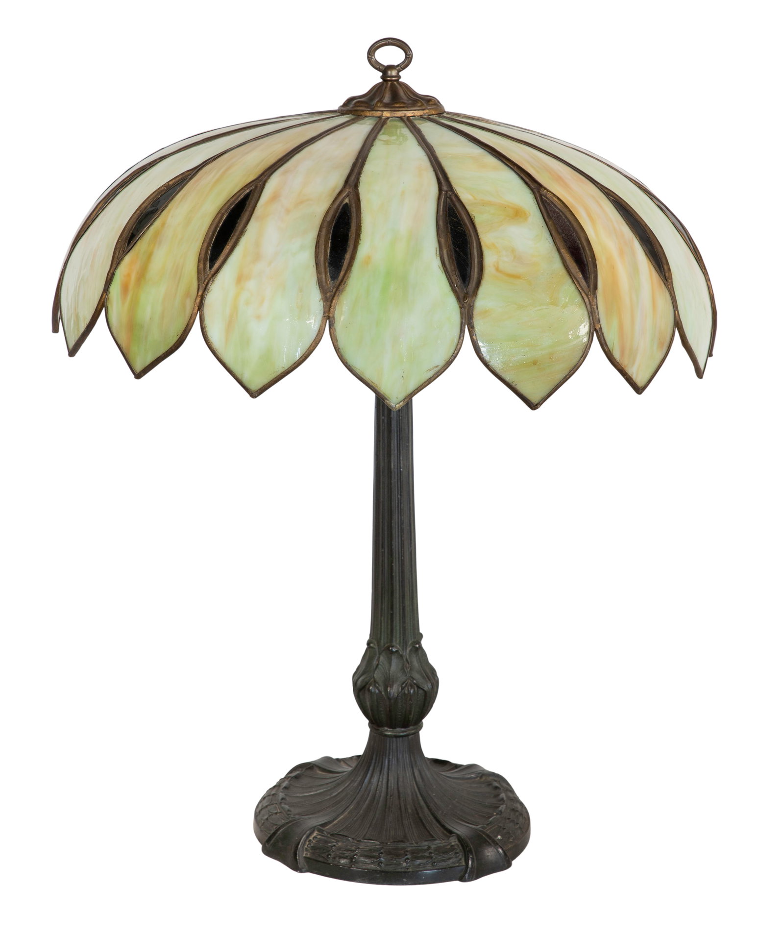 Art Nouveau Style Slag Glass Table Lamp: Art Nouveau Style Slag Glass Table Lamp Having cream and green sixteen-panel glass shade in the form of lotus petals on a metal base Property from: a Private Collector, Elmhurst, Illinois 