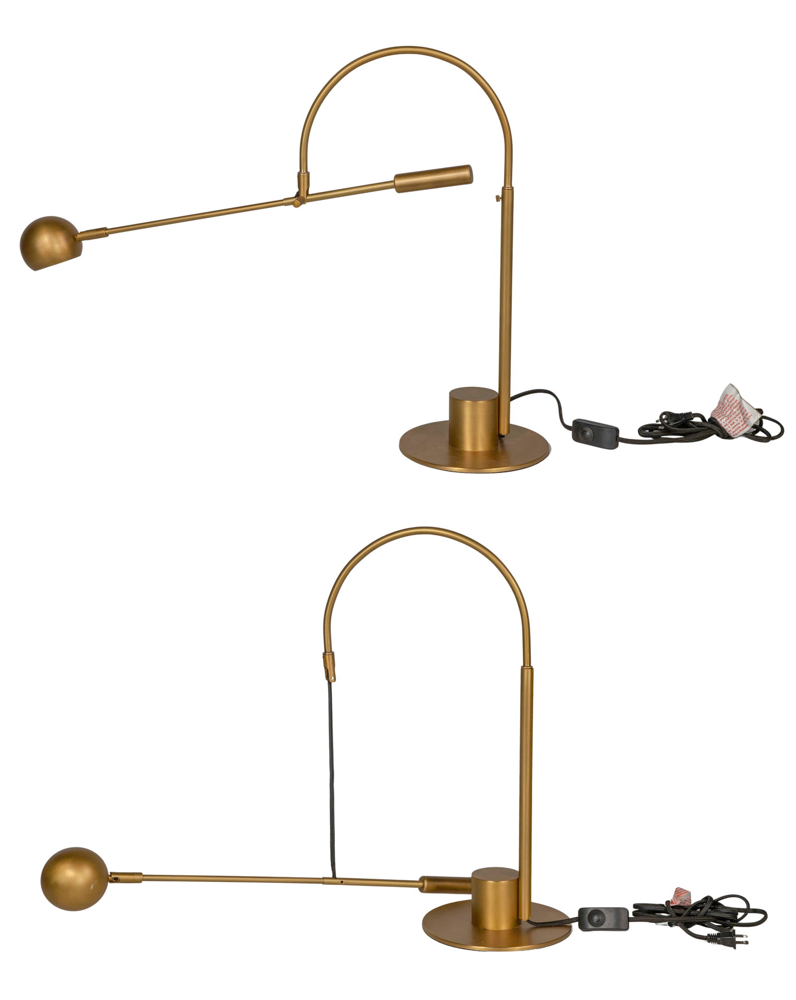 Sonneman Orbiter Desk / Reading Lamps: Sonneman Orbiter Desk / Reading Lamps A pair of gold-tone finish metal having counter-balanced cantilever adjustable arms supported on adjustable standards (38-inch maximum height) having arching