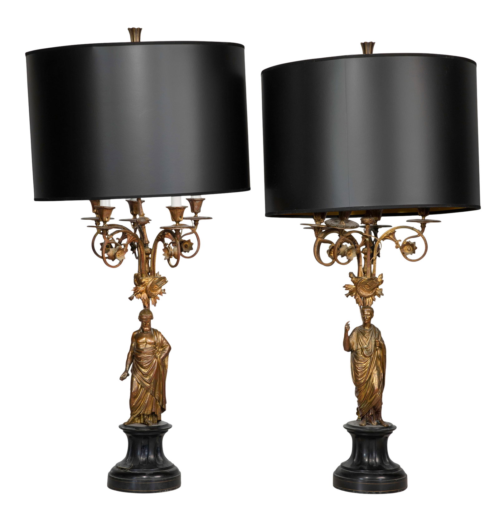 French Figural Candelabra Lamps: French Figural Candelabra Lamps A pair, depicting Roman and Greek figures, having five arms and black shades Property from: a Private Collector, Evanston, Illinois Height: 41 3/4 inches,