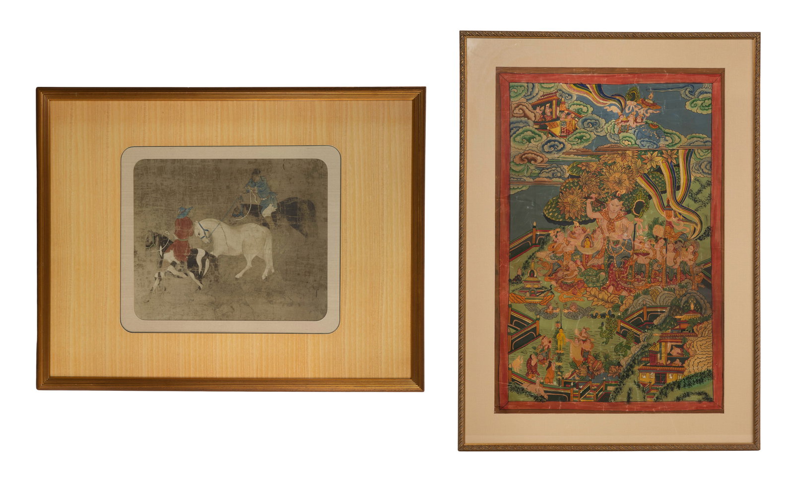 Buddhist Thangka Watercolor and Gouache on Paper: Buddhist Thangka Watercolor and Gouache on Paper Undated, unsigned, depicting deities and immortals, in a gold-tone wood frame; together with a tribute horse-themed print Property from: an