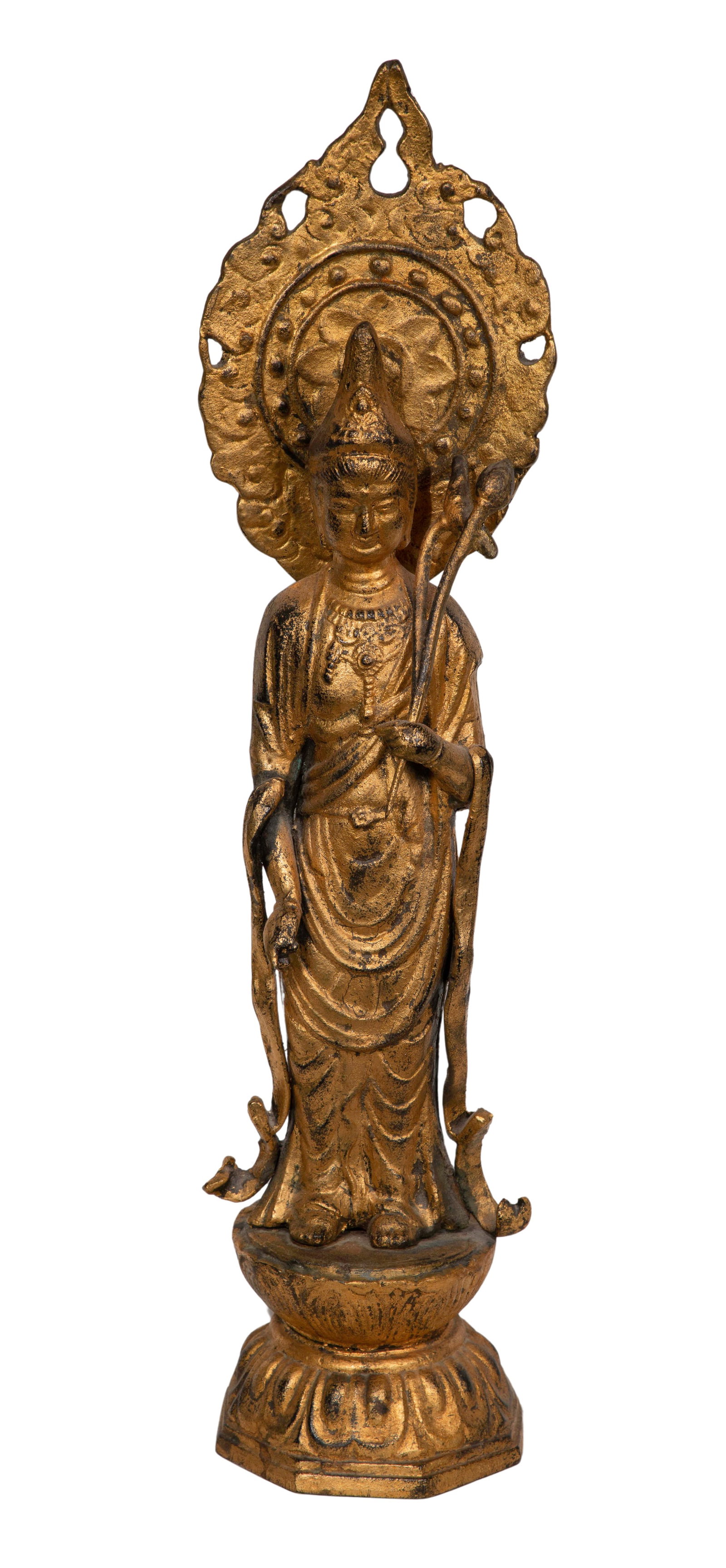 Asian Gilt Metal Guanyin Statue: Asian Gilt Metal Guanyin Statue Depicting a standing figure of the Bodhisattva of Compassion having floating aura and scepter Property from: an Estate, Chicago (Wrigleyville), Illinois 