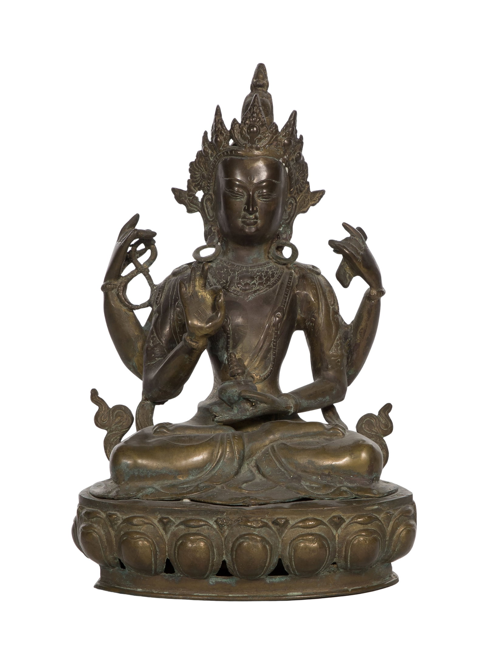 Sino-Tibetan Bodhisattva Bronze Sculpture: Sino-Tibetan Bodhisattva Bronze Sculpture Multi-armed deity seated on a pierced lotus base, likely Avalokiteshvara Property from: an Estate, Chicago (Wrigleyville), Illinois Height: 15 1/2