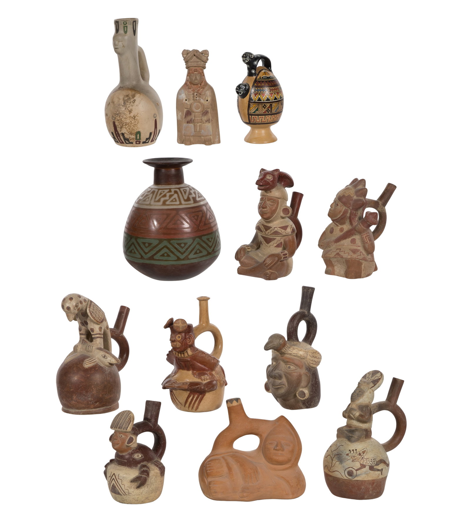 Pre-Columbian Style Pottery Assortment: Pre-Columbian Style Pottery Assortment (12) items of various shapes, sizes, colors and uses including vases, vessels and effigy figures, some marked on underside Property from: an Estate, Chicago (Wri