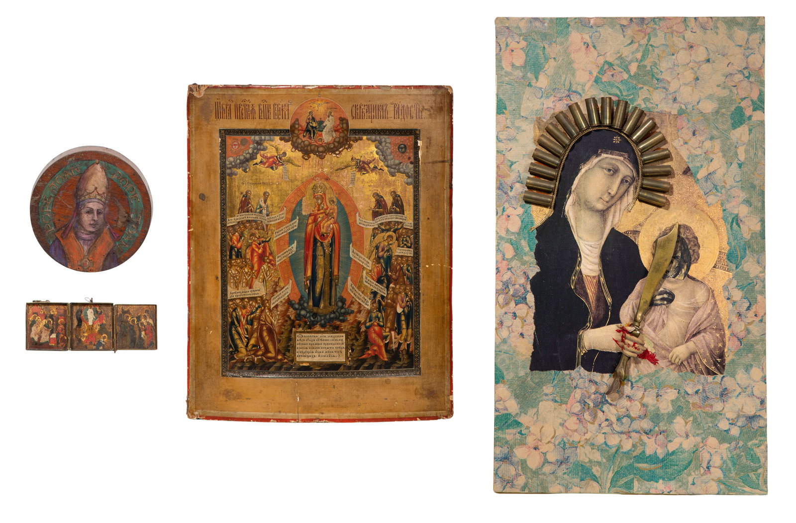 Russian Religious Icons: Russian Religious Icons (4) items including a late 19th century style Mother of God 'Joy of all Who Sorrow' on convex board, a decoupage of Mary with the Christ Child after Duccio's 'Maesta'