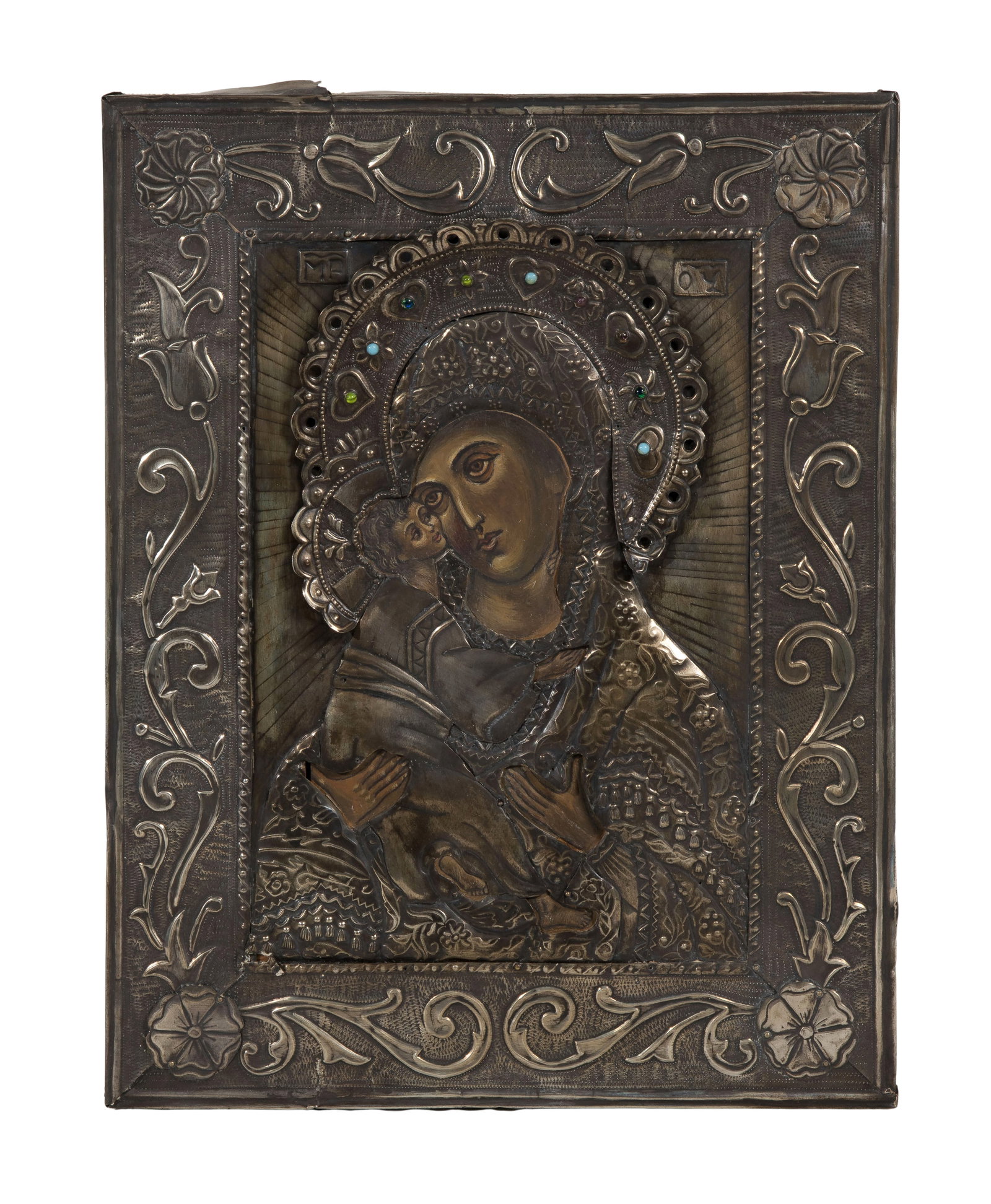 Russian Silver Icon: Russian Silver Icon A hand painted wood panel icon of the Virgin of the Gate behind a repousse and engraved silver oklad having attached pierced repousse halo having inset cabochons, '900' and