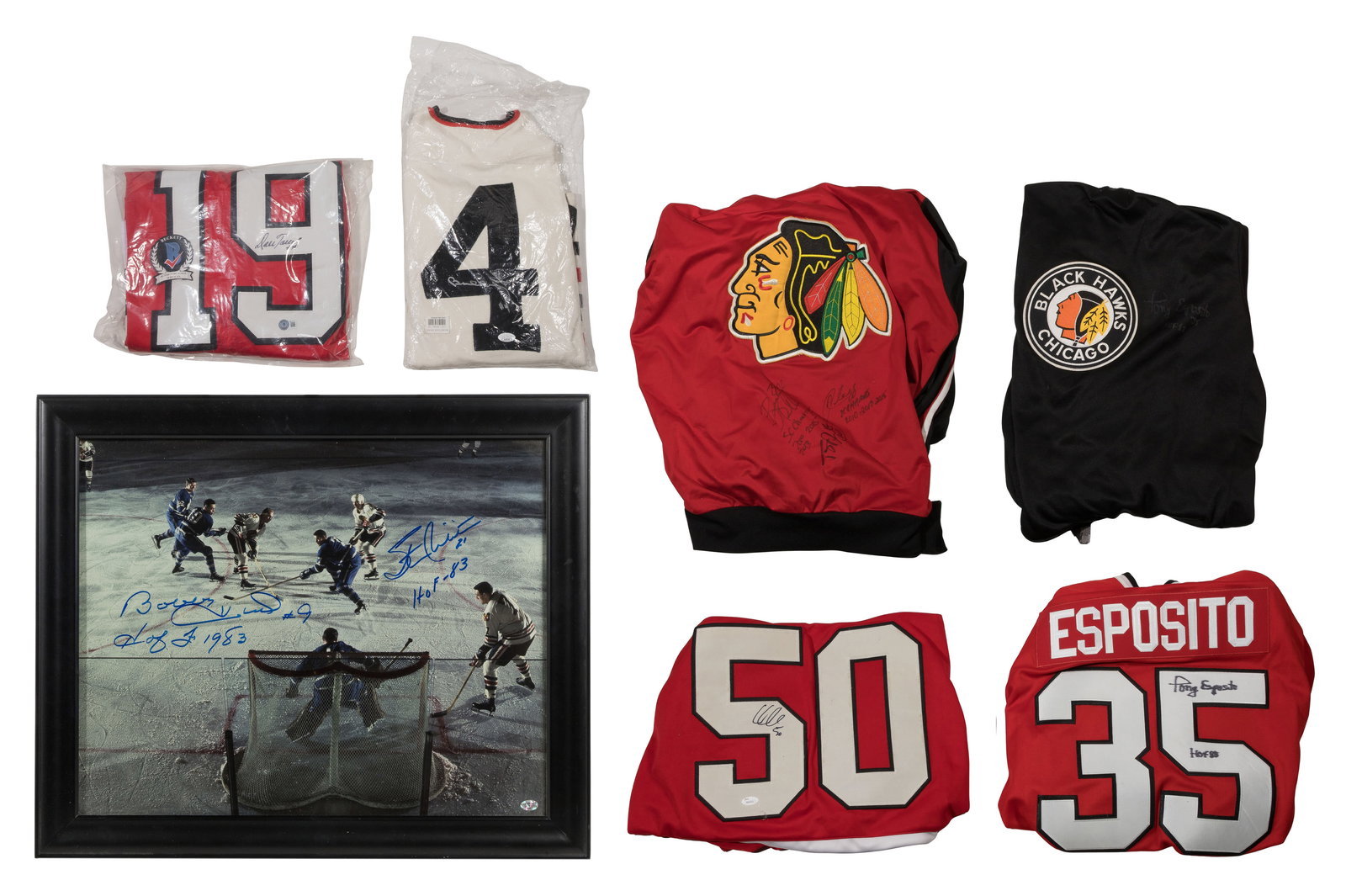 Blackhawks Signed Hockey Jersey and Photograph Assortment: Blackhawks Signed Hockey Jersey and Photograph Assortment (7) items including a jersey and a zippered knit jacket signed by Tony Esposito, jerseys signed by Bobby Orr #4 having JSA COA and
