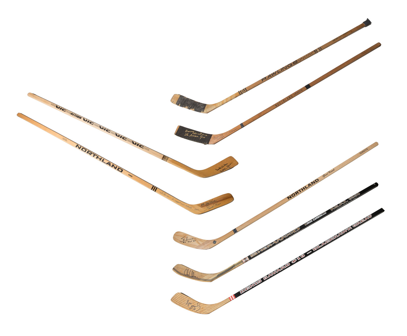 Signed Hockey Stick Assortment: Signed Hockey Stick Assortment (7) items including sticks signed by Stan Makita and Bobby Orr having COA, as well as sticks signed by Keith Magnuson, Bobby Hull, Chris Chelios and others 