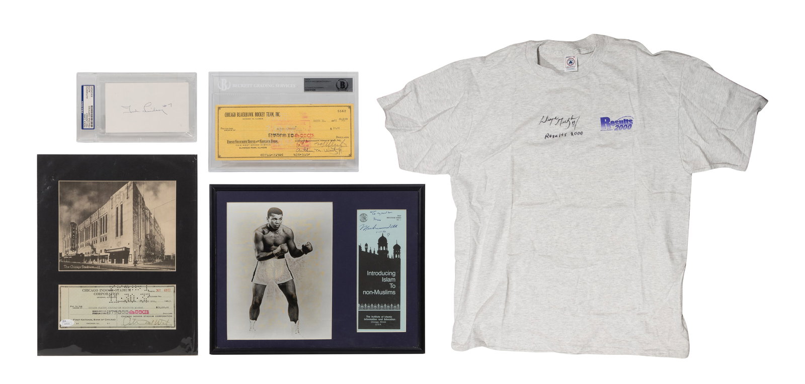 Signed Sports Memorabilia Assortment: Signed Sports Memorabilia Assortment (5) items including a Chicago Stadium picture and $75,000 canceled check signed by Arthur Wirtz 1937 having JSA COA, a $10.00 canceled check from 'Chicago