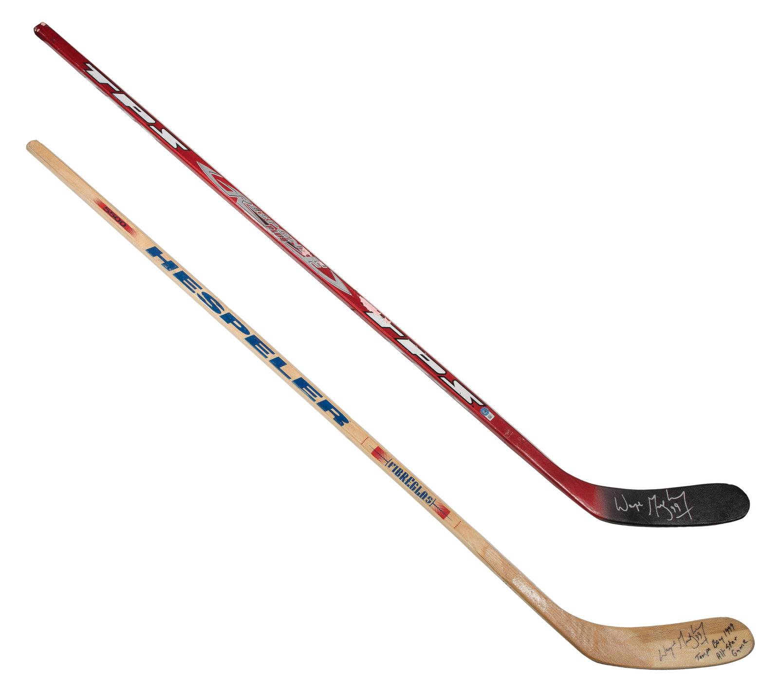 Wayne Gretzky Signed Hockey Sticks, Beckett COA: Wayne Gretzky Signed Hockey Sticks, Beckett COA (2) 1999 signed sticks including a game model TPS stick having Beckett COA and a Hespeler model 5500 left handed stick signed 'Tampa Bay All Star