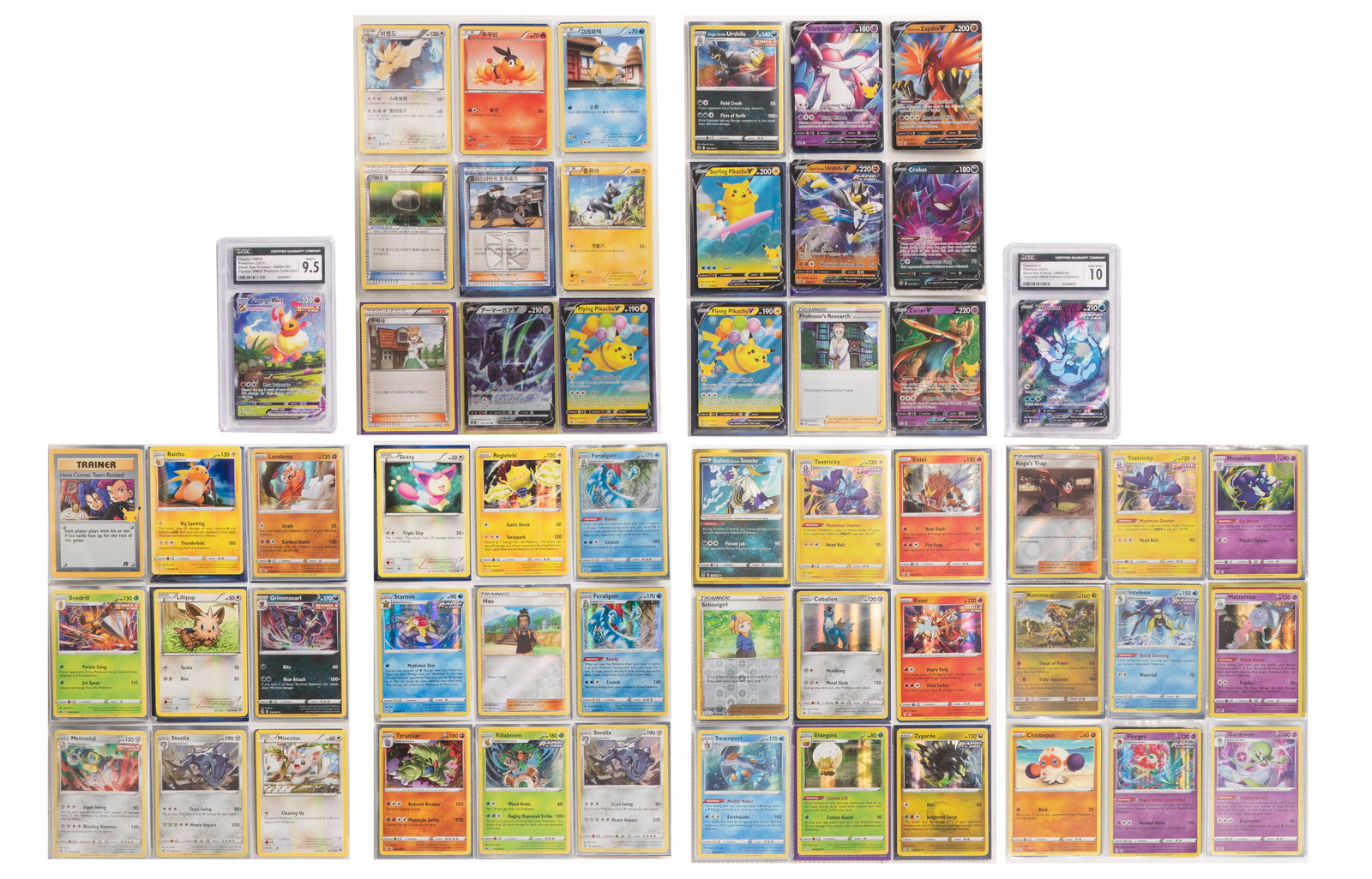 Pokemon Card Assortment: Pokemon Card Assortment (56) items including graded #SWSH180 and #SWSH181 promos in slabs having CGC holograms as well as (54) ungraded in binder pages Property from: a Private Collector,