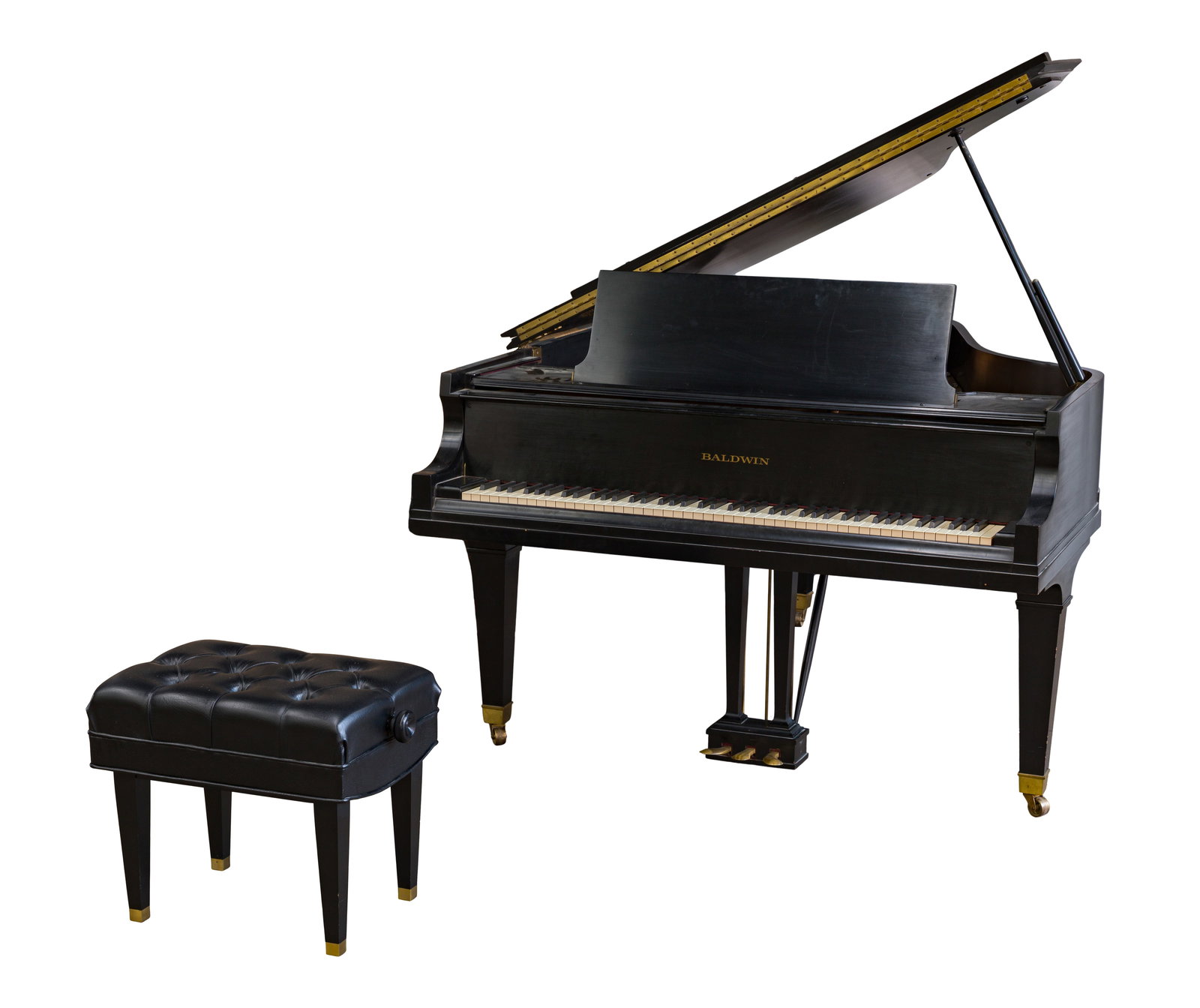 Baldwin Artist Series Grand Piano and Bench: Baldwin Artist Series Grand Piano and Bench Class L, #187935 having firm touch, rich powerful bass, bell tone treble, two level lid position prop, in a matte ebony finish as well as an