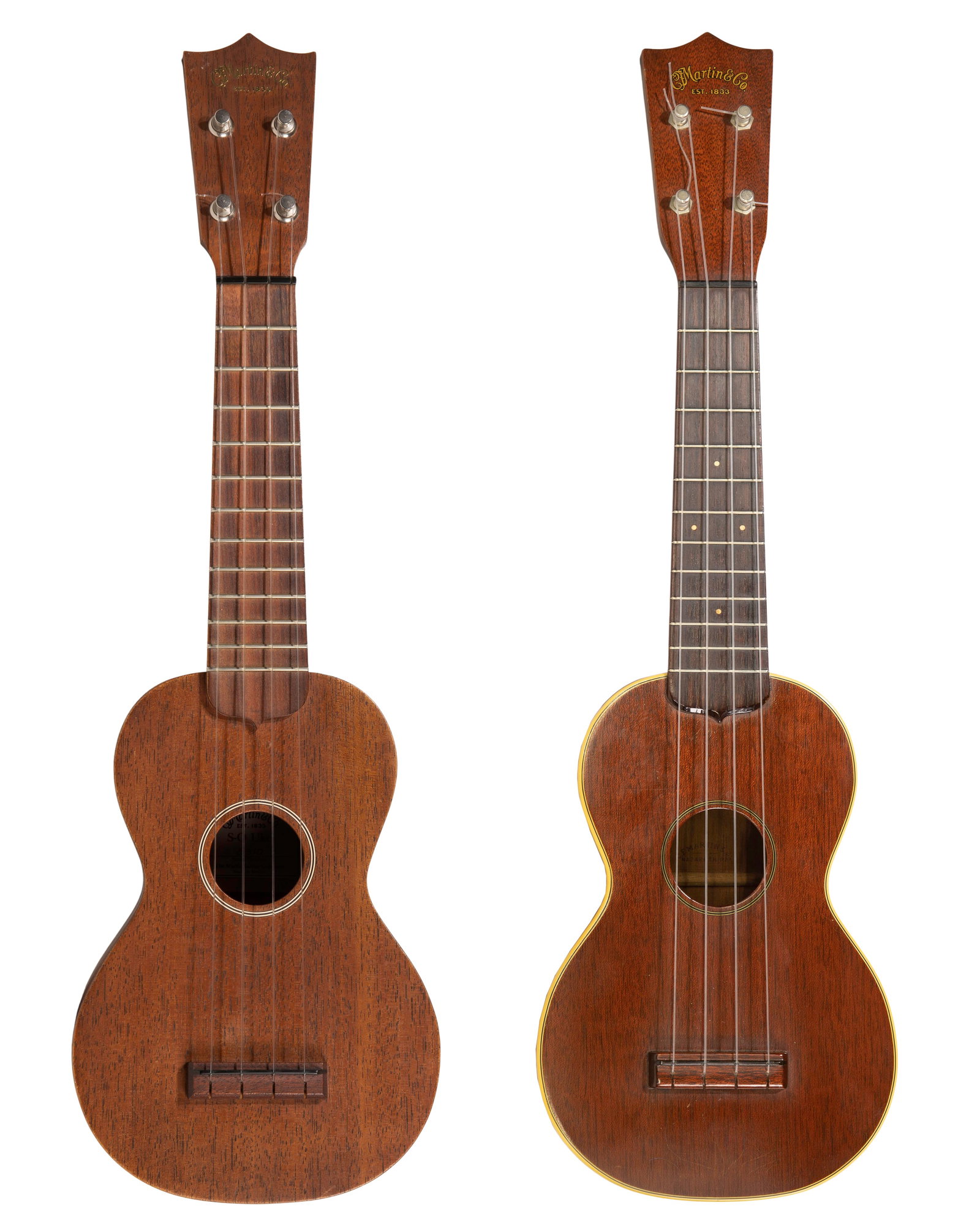 C. F. Martin Ukuleles: C. F. Martin Ukuleles (2) items including a Style 2 soprano uke c.1950 stamped on inside, in a hard case as well as an S-O uke #8510, having tag on the inside and a soft satin finish, in a soft